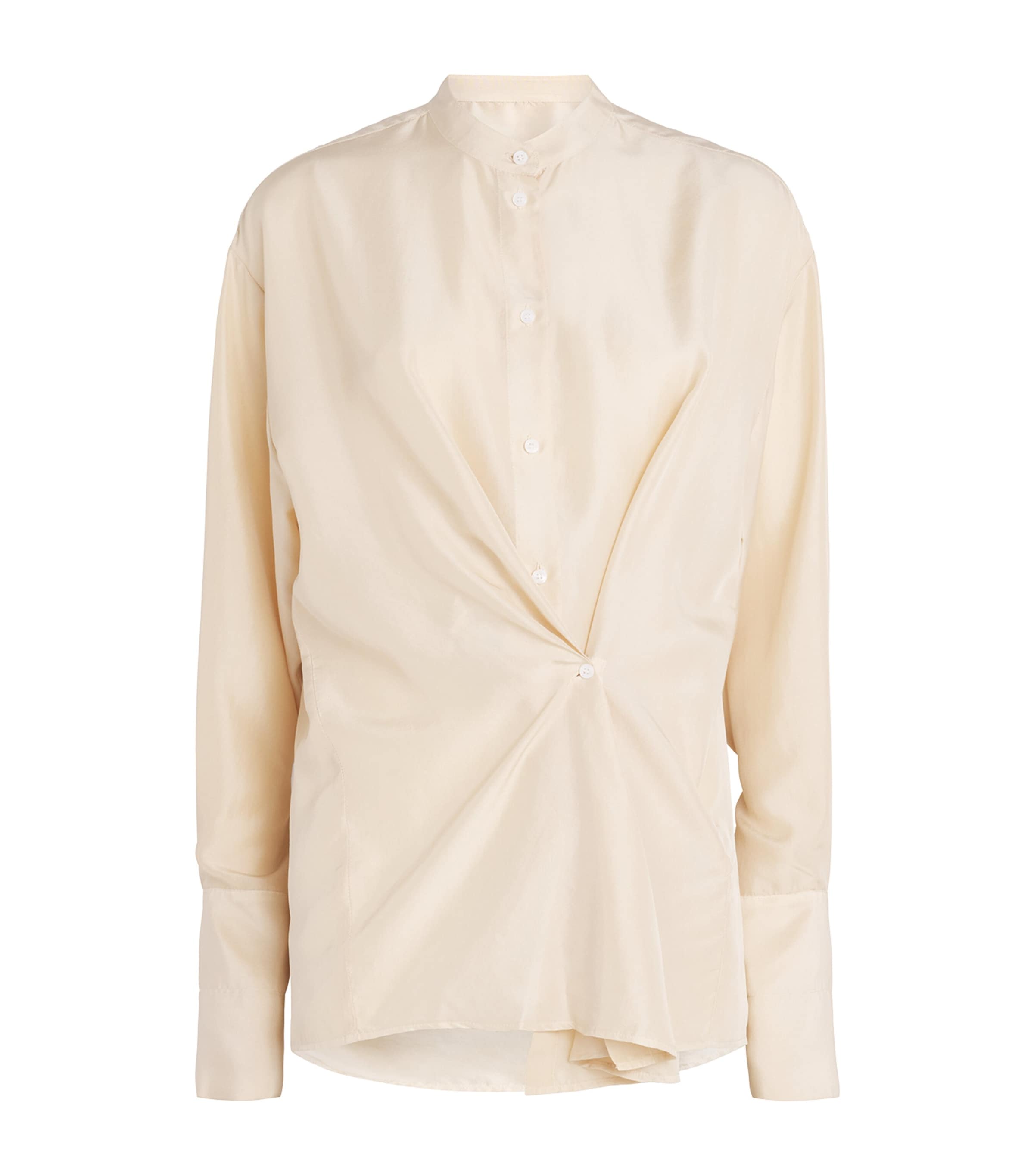 Silk Collarless Pintuck Shirt BEIGE Image 1