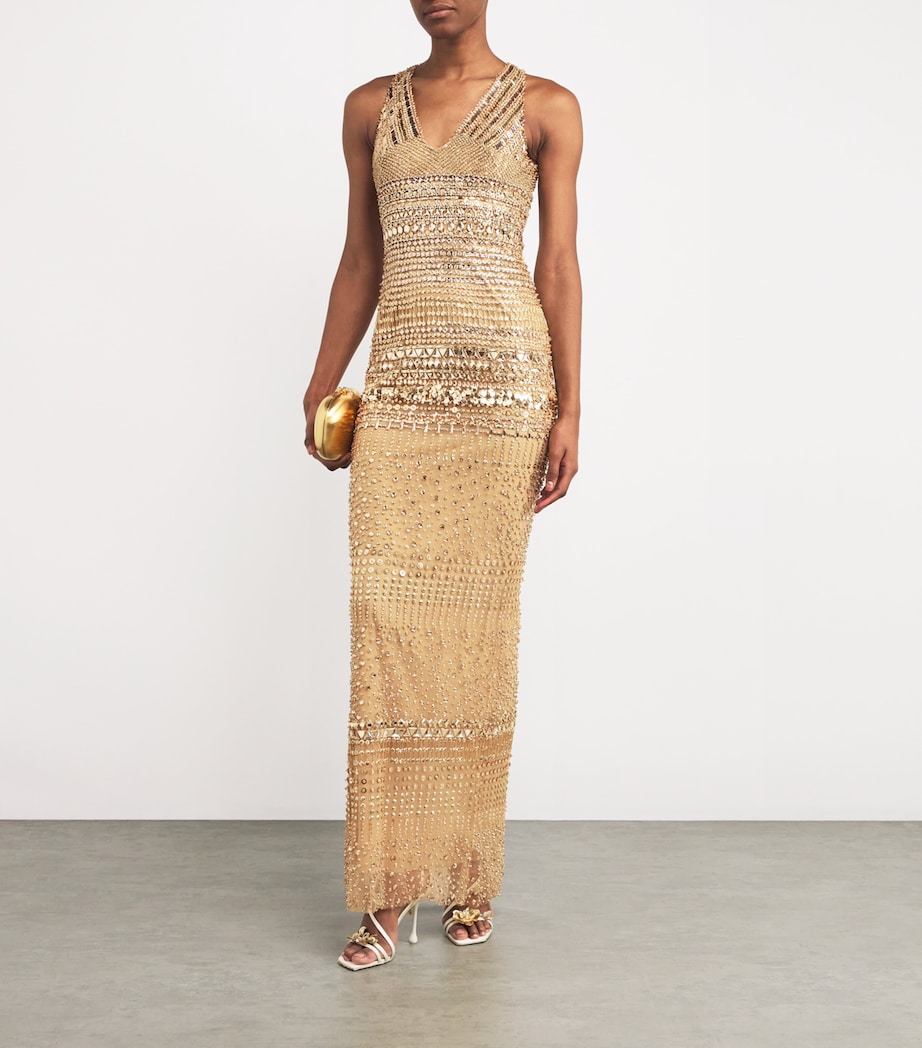 Zuhair Murad Womens Embellished V-Neck Gown Gold Image 2