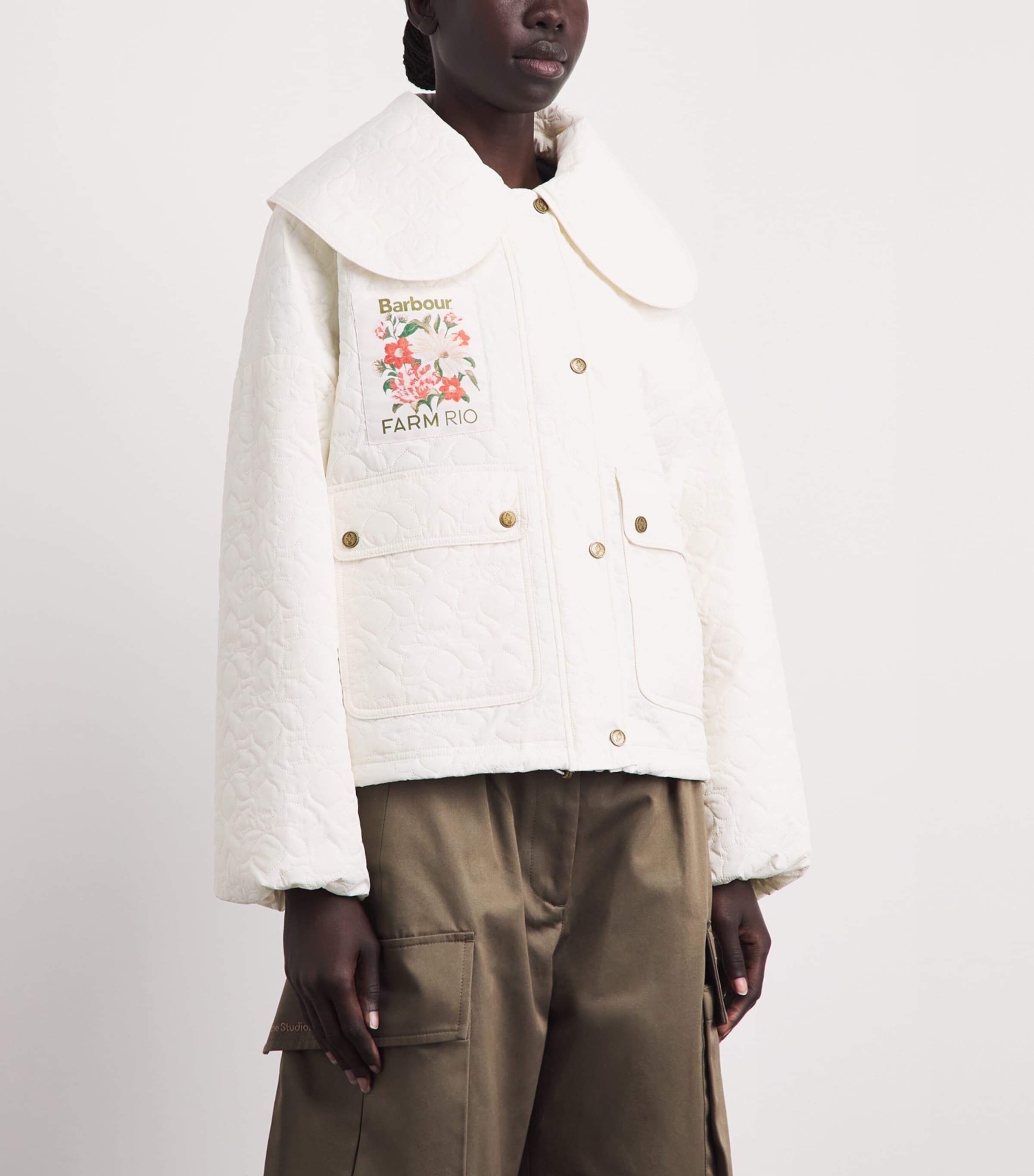 Barbour Womens x Farm Rio Quilted Floral-Patch Jacket White Rose Image 4