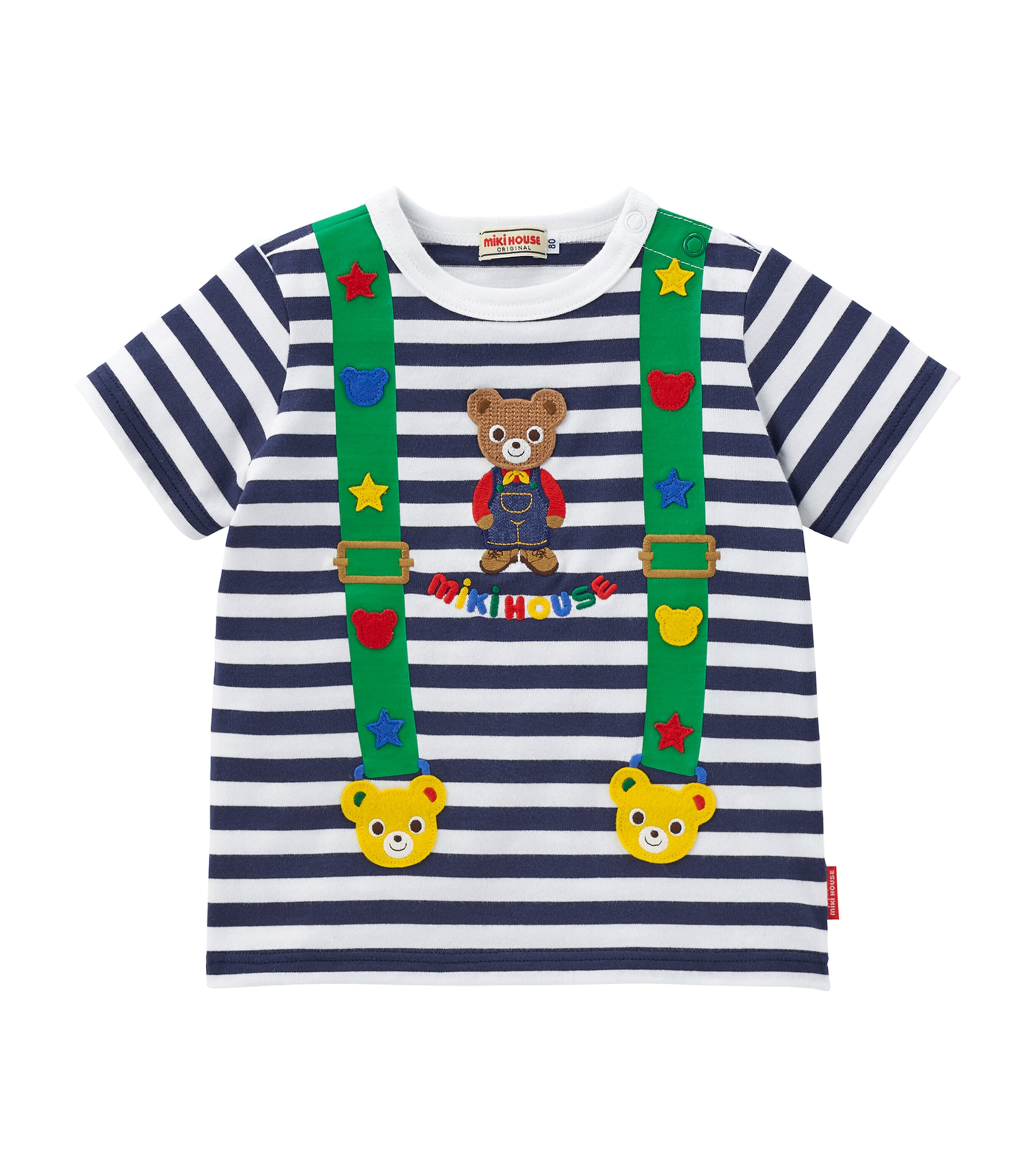 Miki House Kids' Cotton Striped Logo T-shirt In Navy