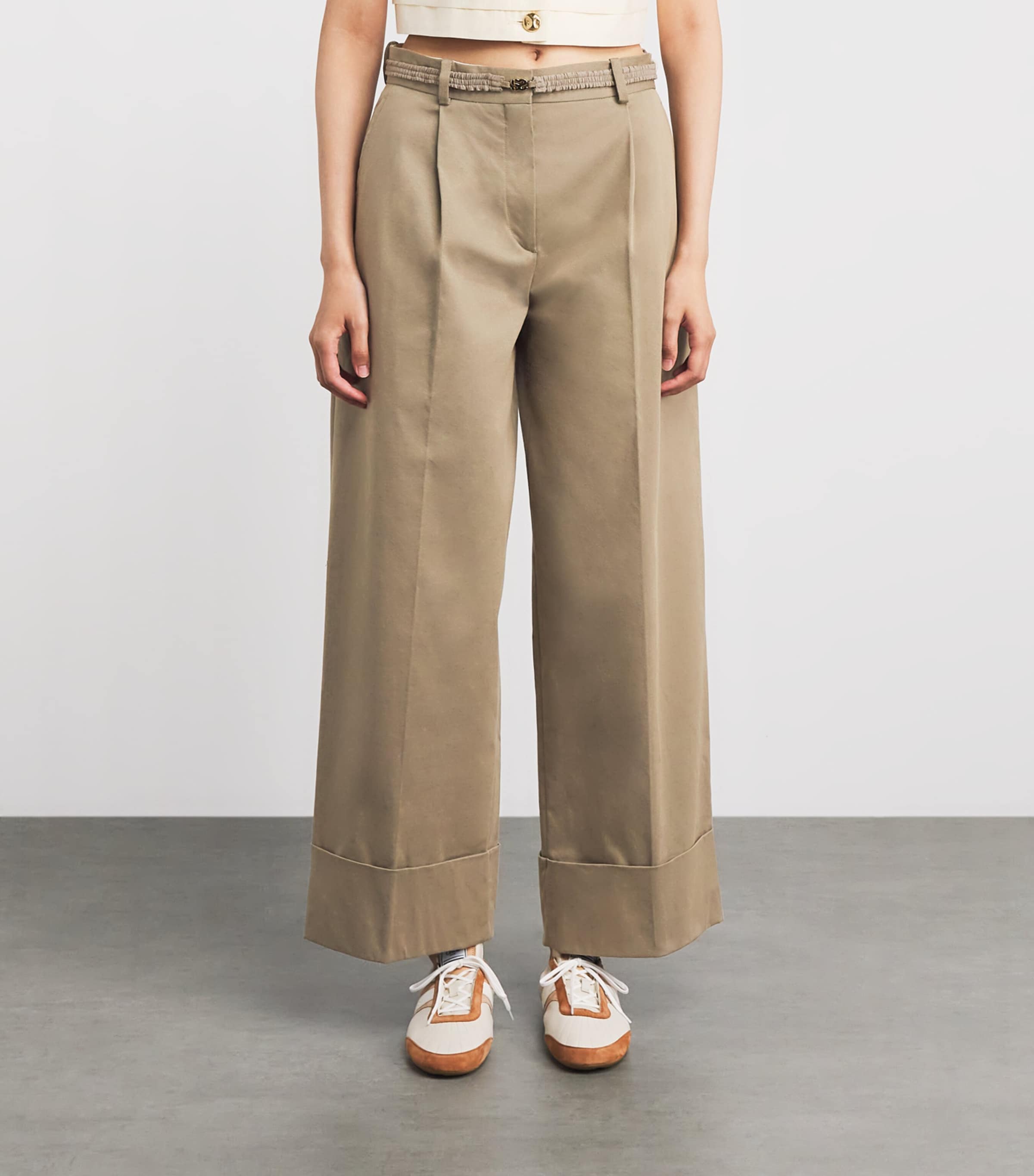 Sandro Paris Womens Cotton-Blend Wide Pleated Trousers Beige Image 4