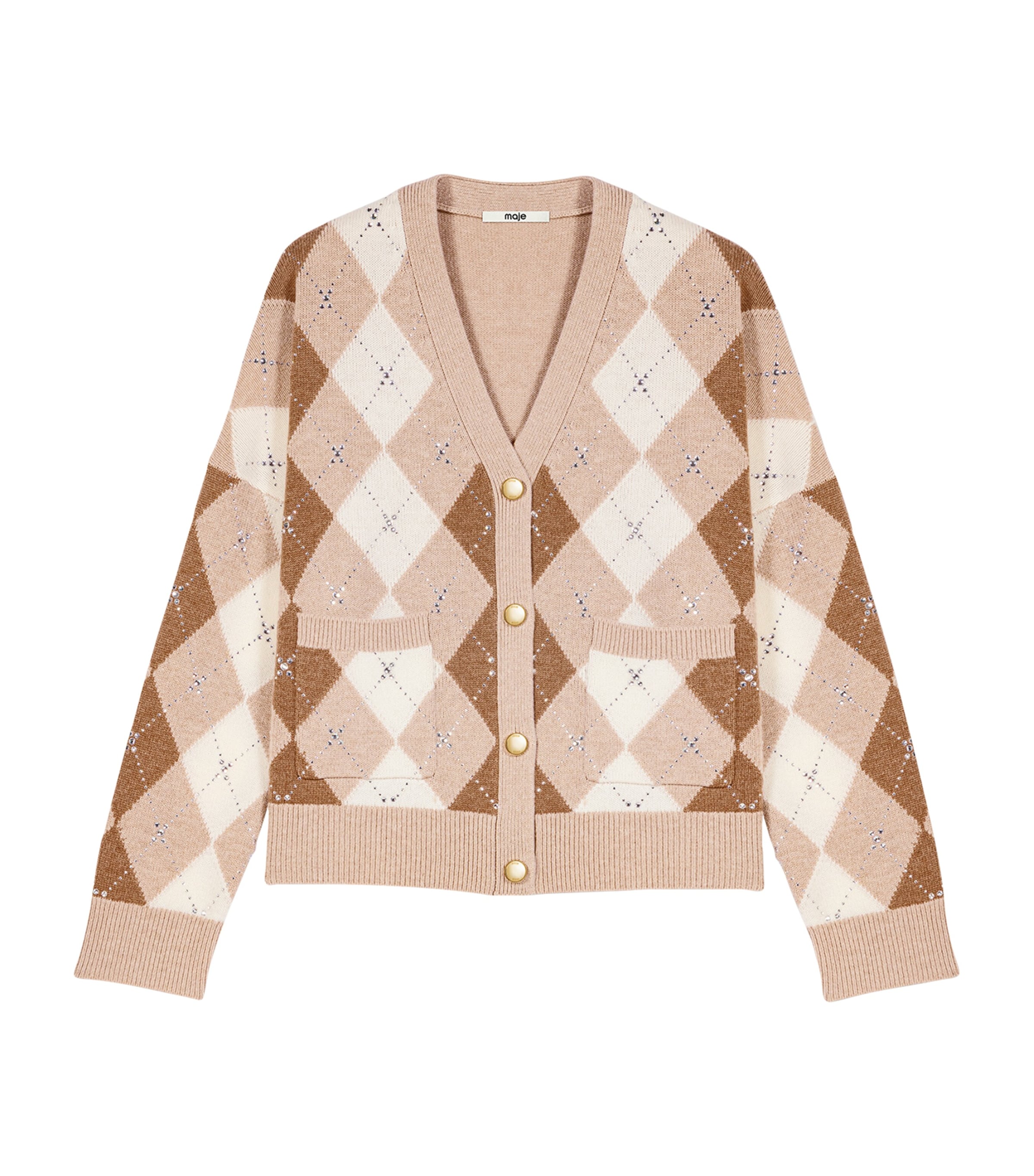 Maje Womens Wool Argyle Cardigan Beige Image 1