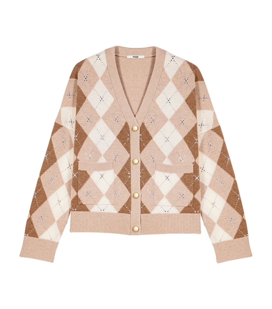 Maje Womens Wool Argyle Cardigan Beige Image 1