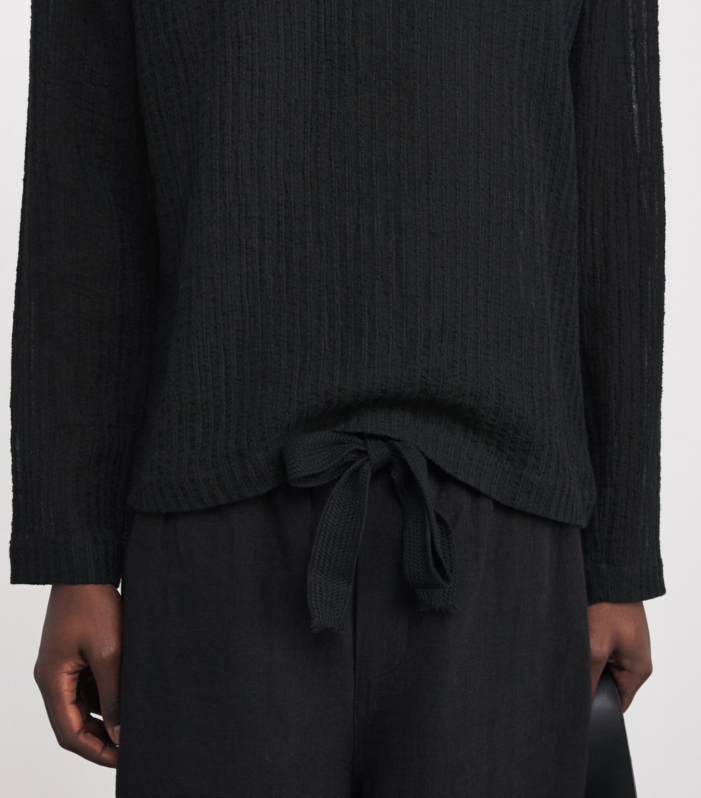 Linen-Cotton-Blend Stripe Henley T-Shirt BLACK Image 6