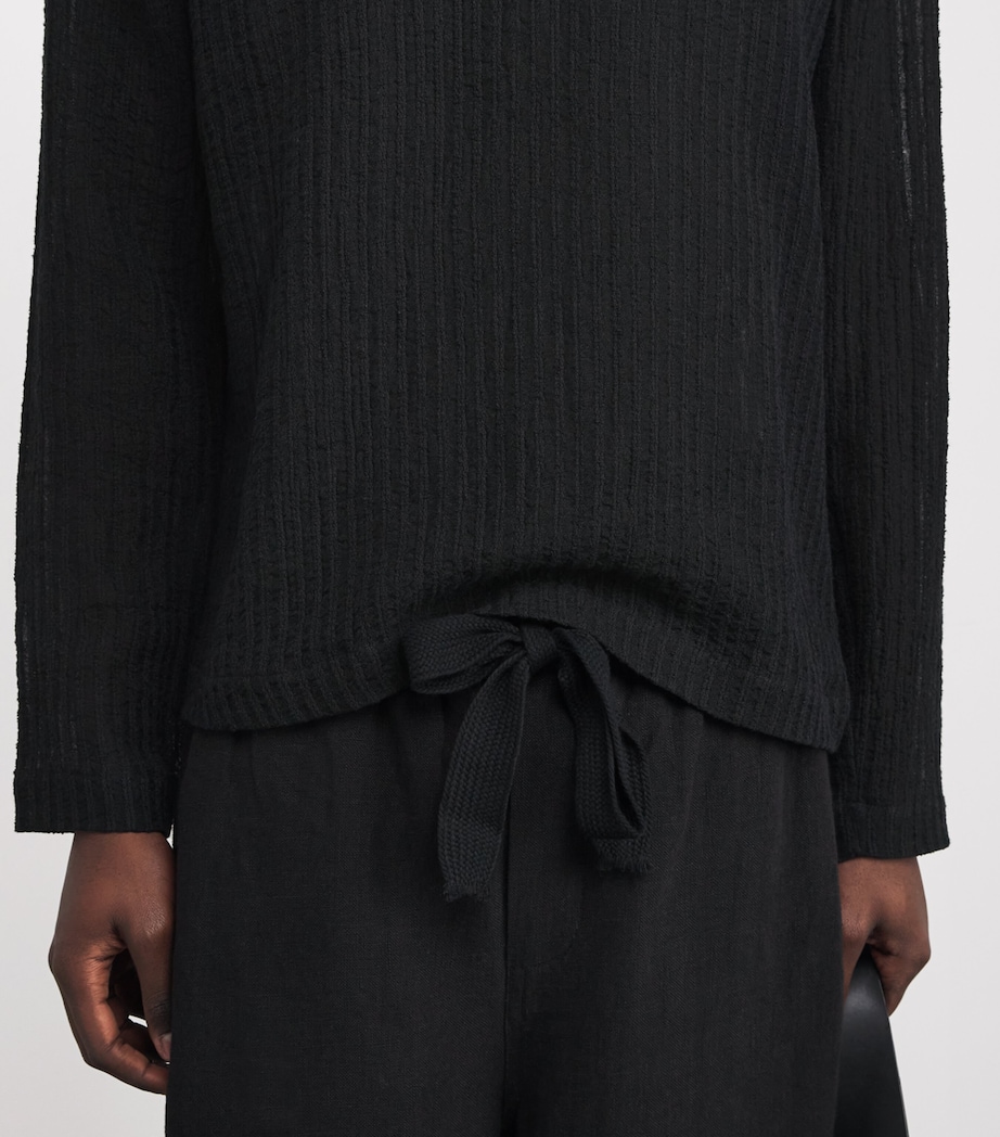 Linen-Cotton-Blend Stripe Henley T-Shirt BLACK Image 6