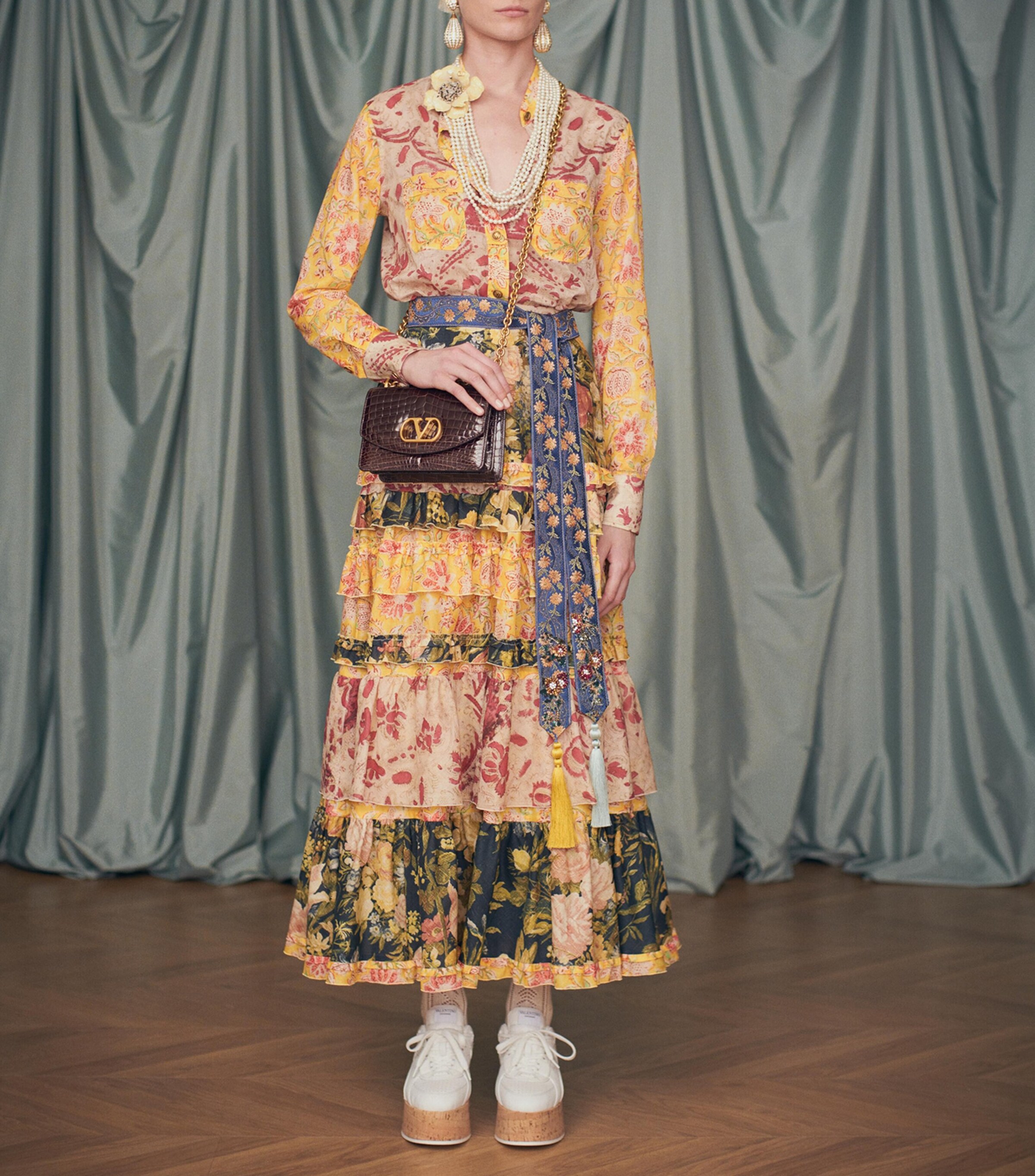 Valentino Womens Cotton Tiered Floral Print Skirt Image 3