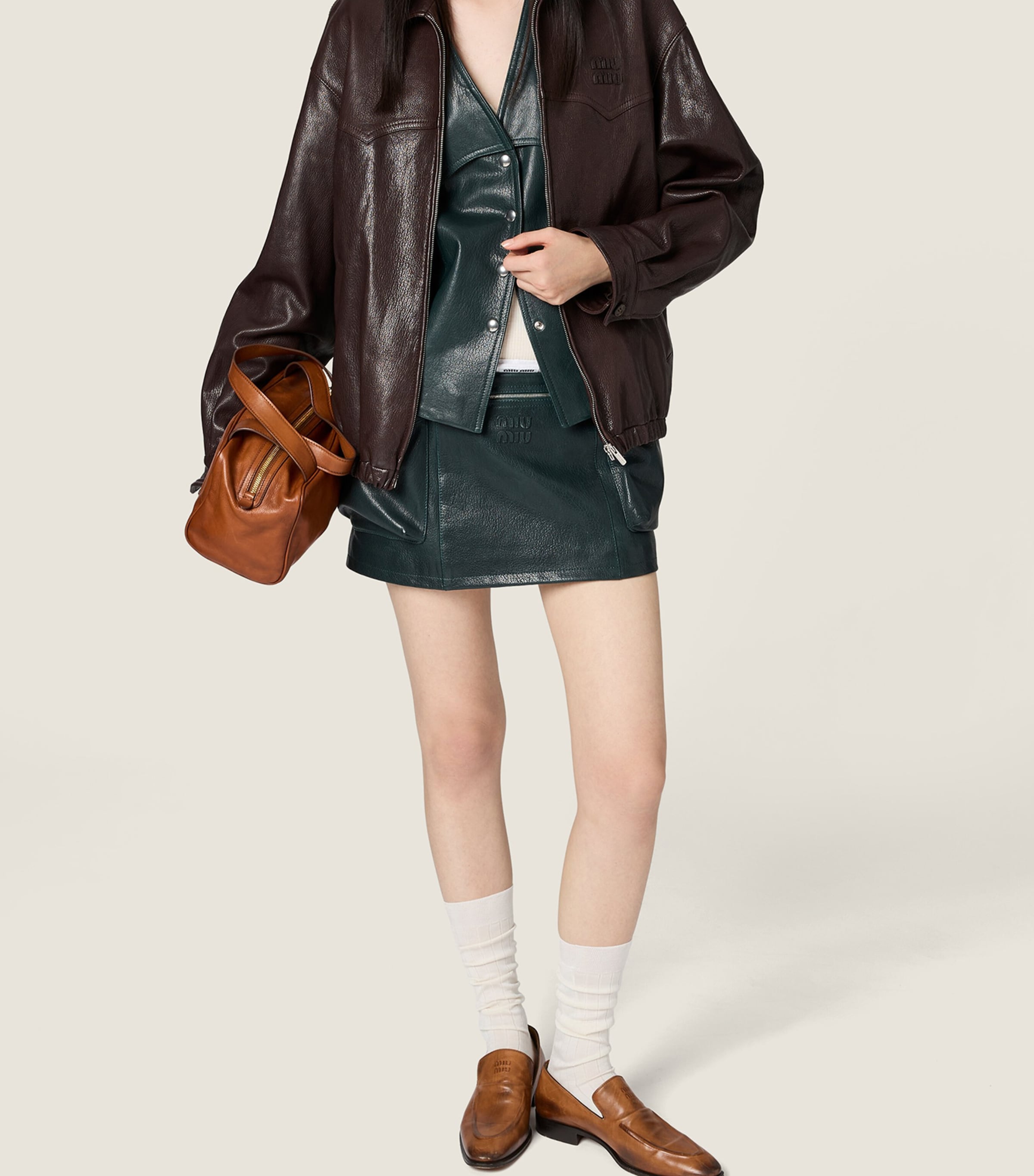 Miu Miu Womens Leather Blouson Jacket Brown Image 6