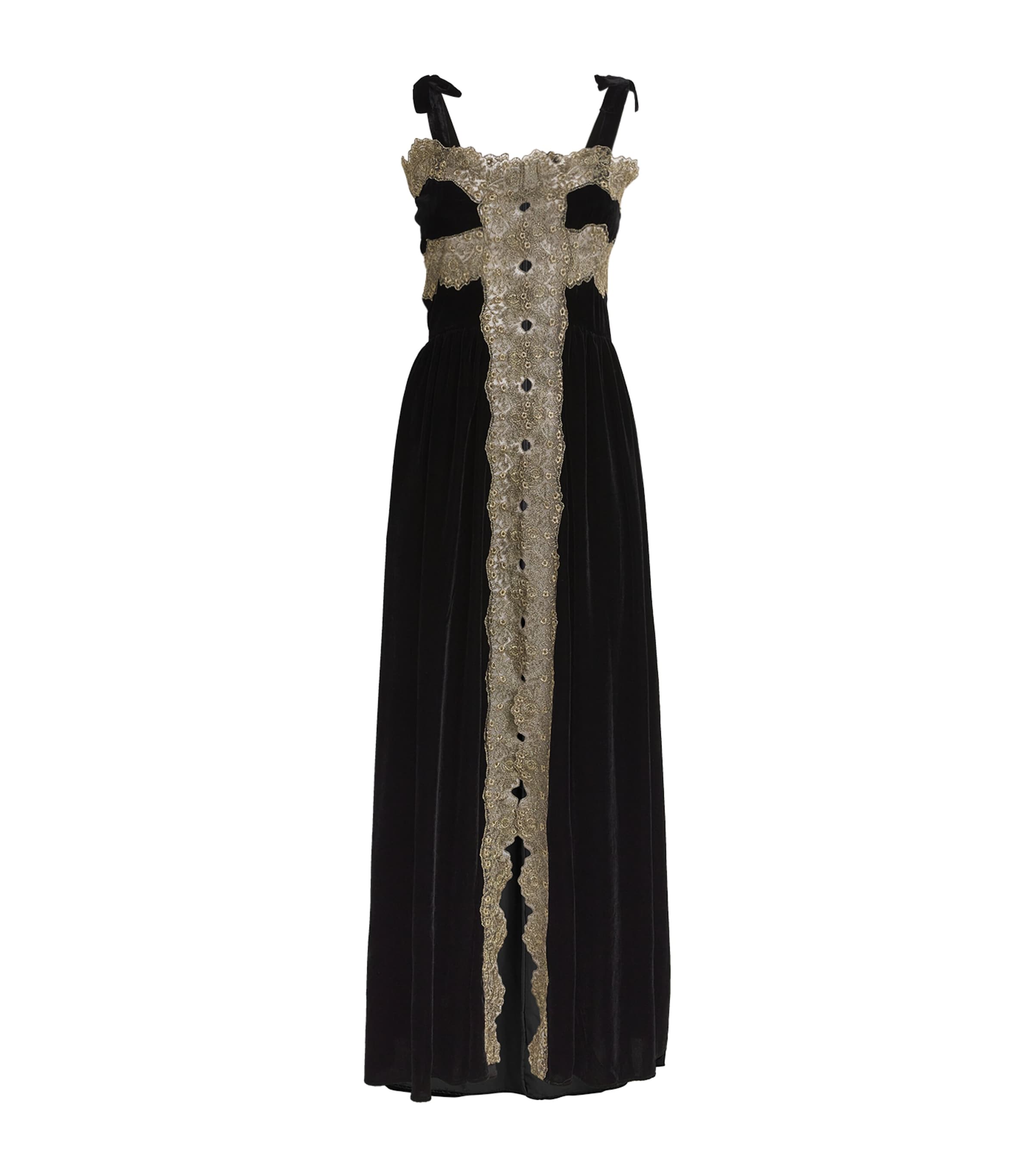 Shop Loretta Caponi Velvet Lace-trim Sabine Nightdress In Black