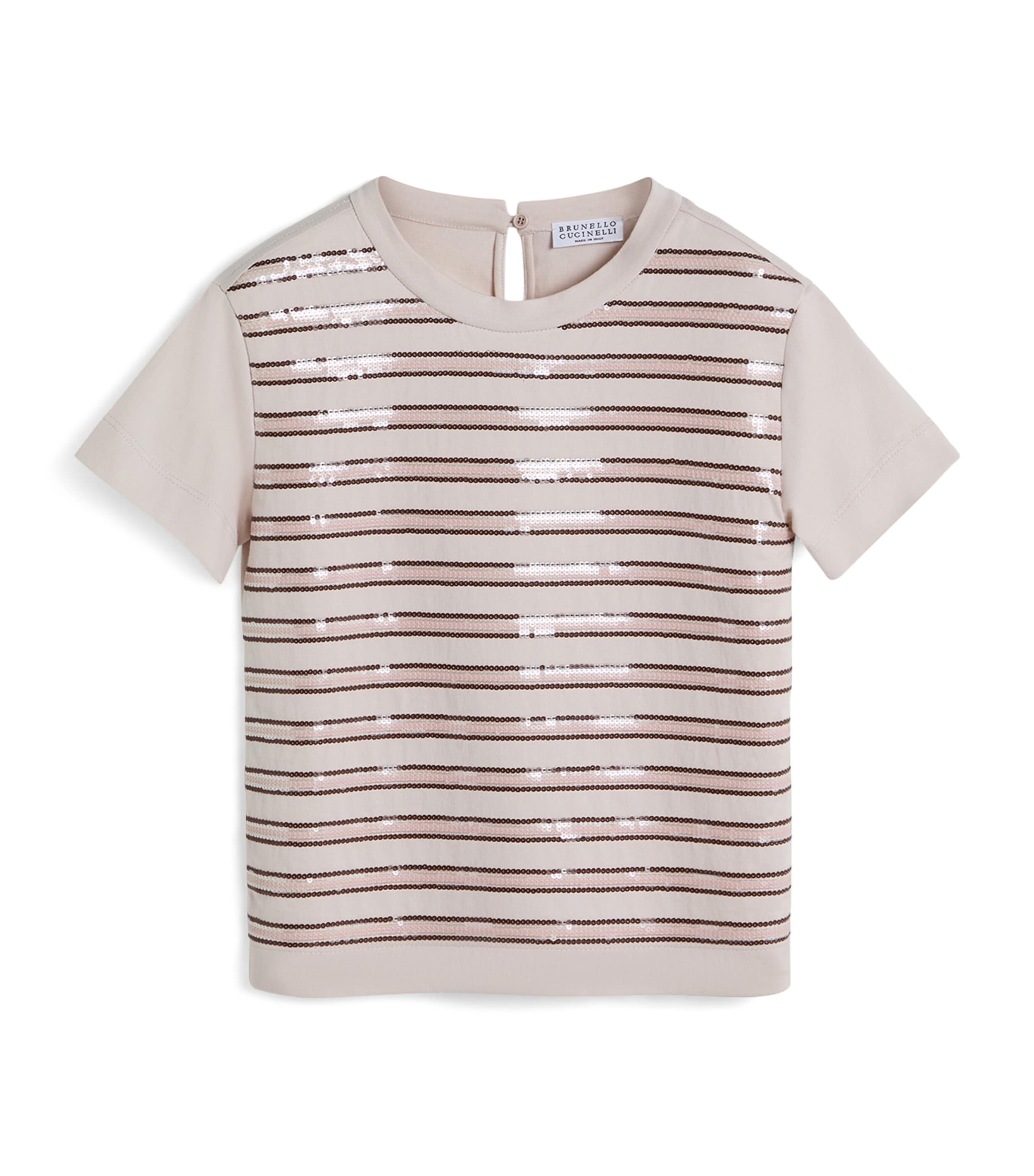 Brunello Cucinelli Kids Pink Cotton Embellished Stripe T-Shirt (4