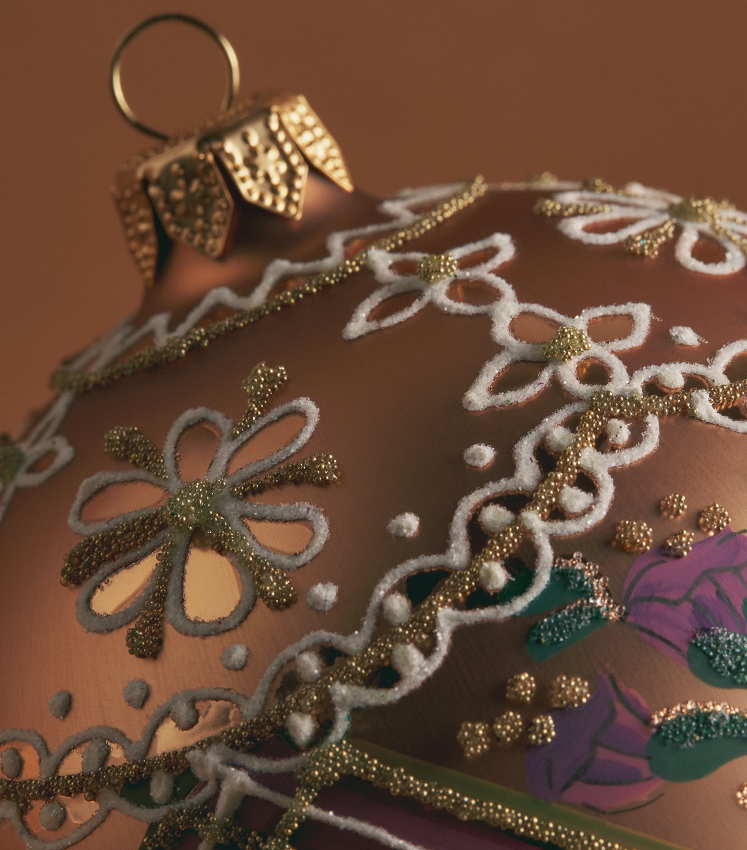 Harrods Glitter-Embellished Floral Bauble Brown Image 2