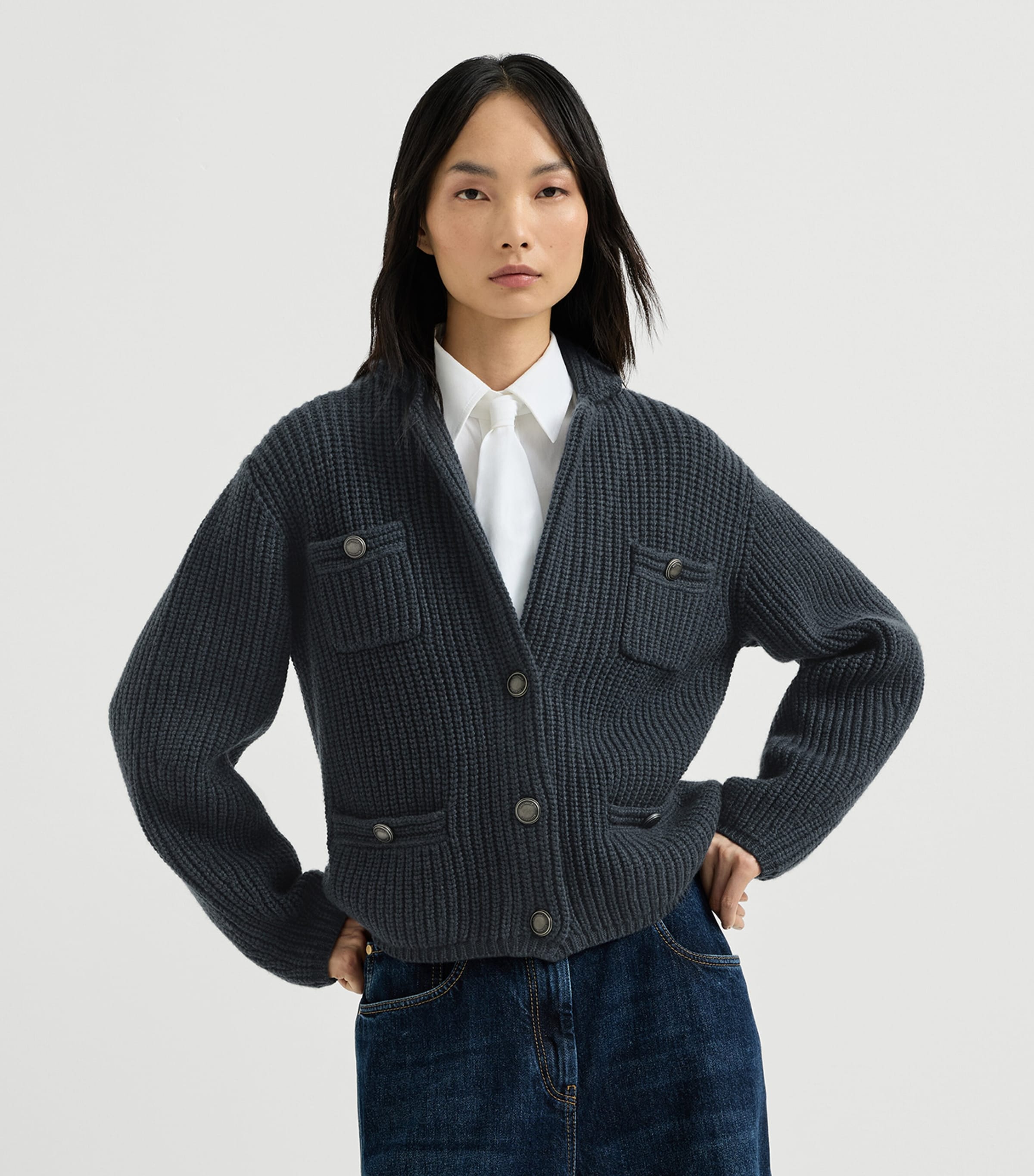 Brunello Cucinelli Womens Cashmere Rib-Knit Cardigan Blu Freddo Image 2