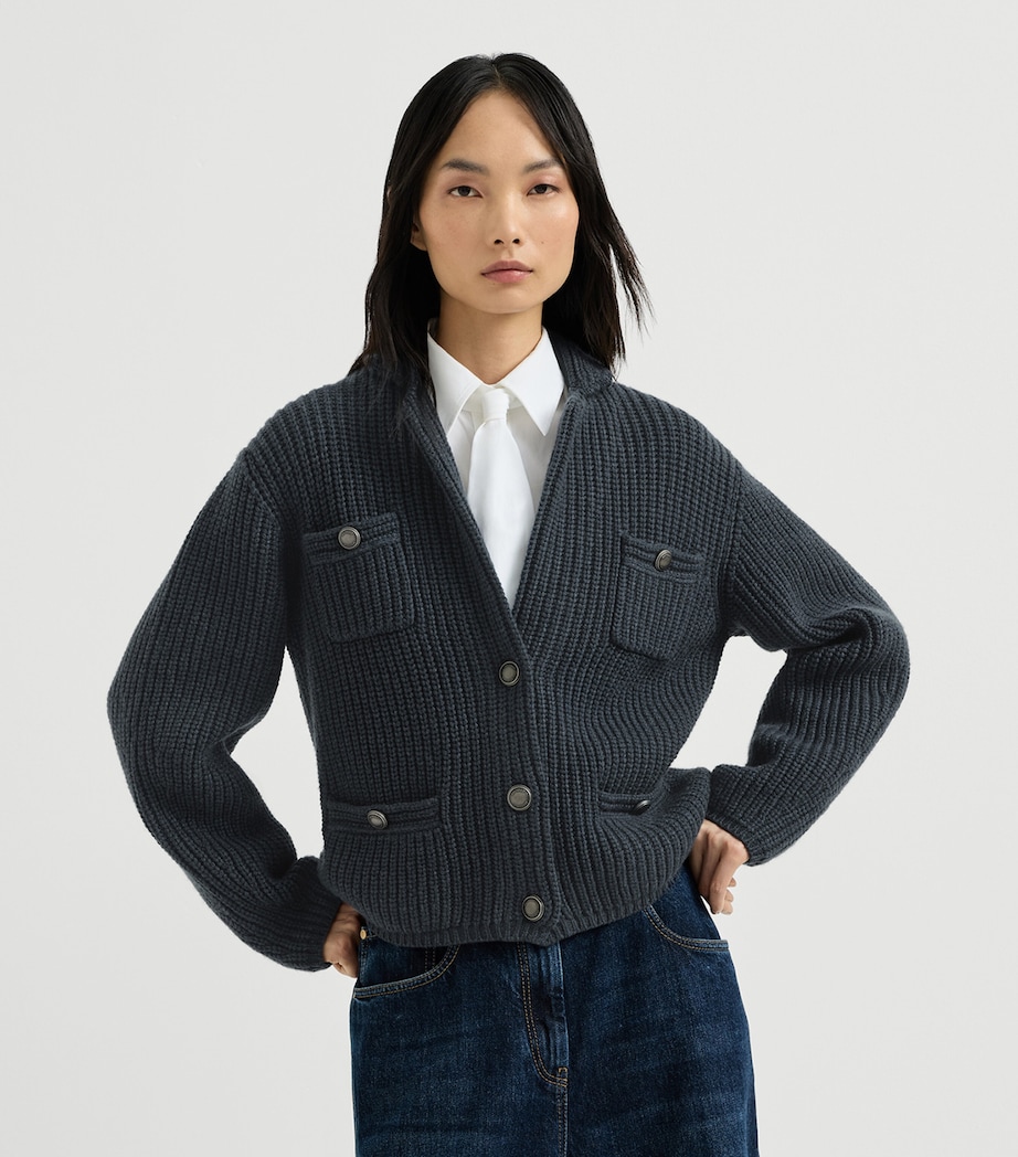 Brunello Cucinelli Womens Cashmere Rib-Knit Cardigan Blu Freddo Image 2