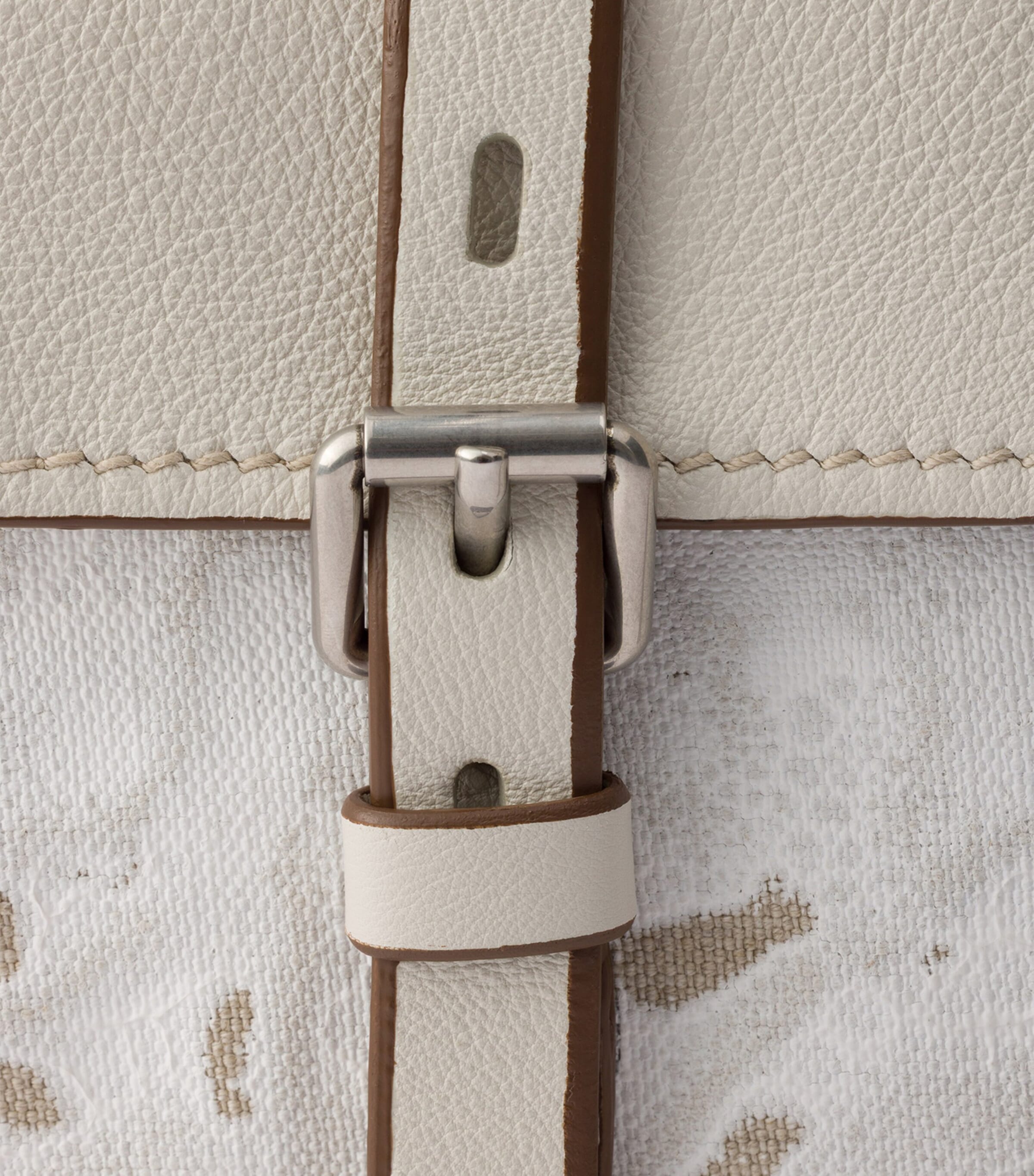 Prada Womens Large Leather and Printed Linen Bonnie Top-Handle Bag White Image 6