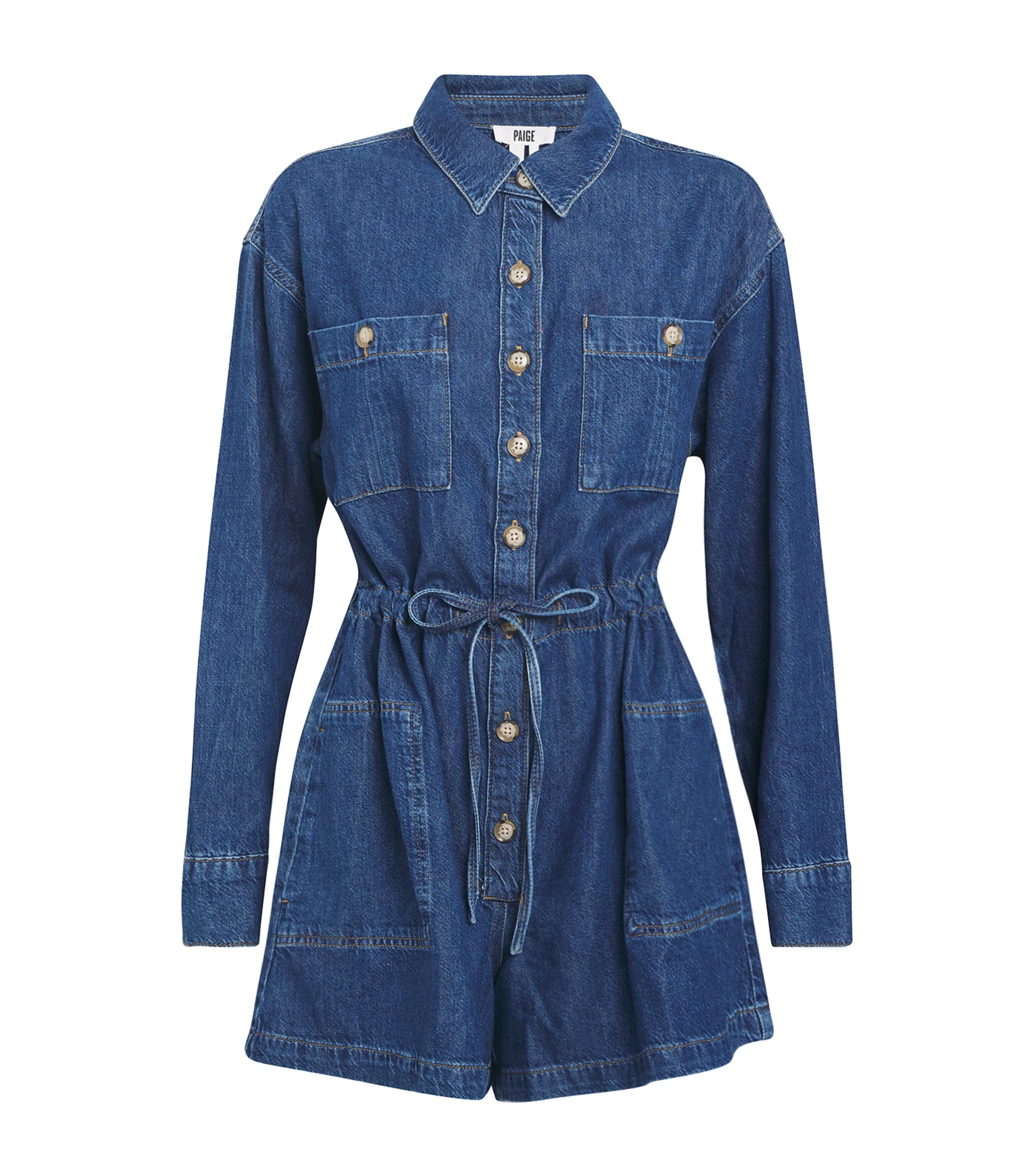 Paige Madigan Long-sleeve Collared Denim Romper In Blue