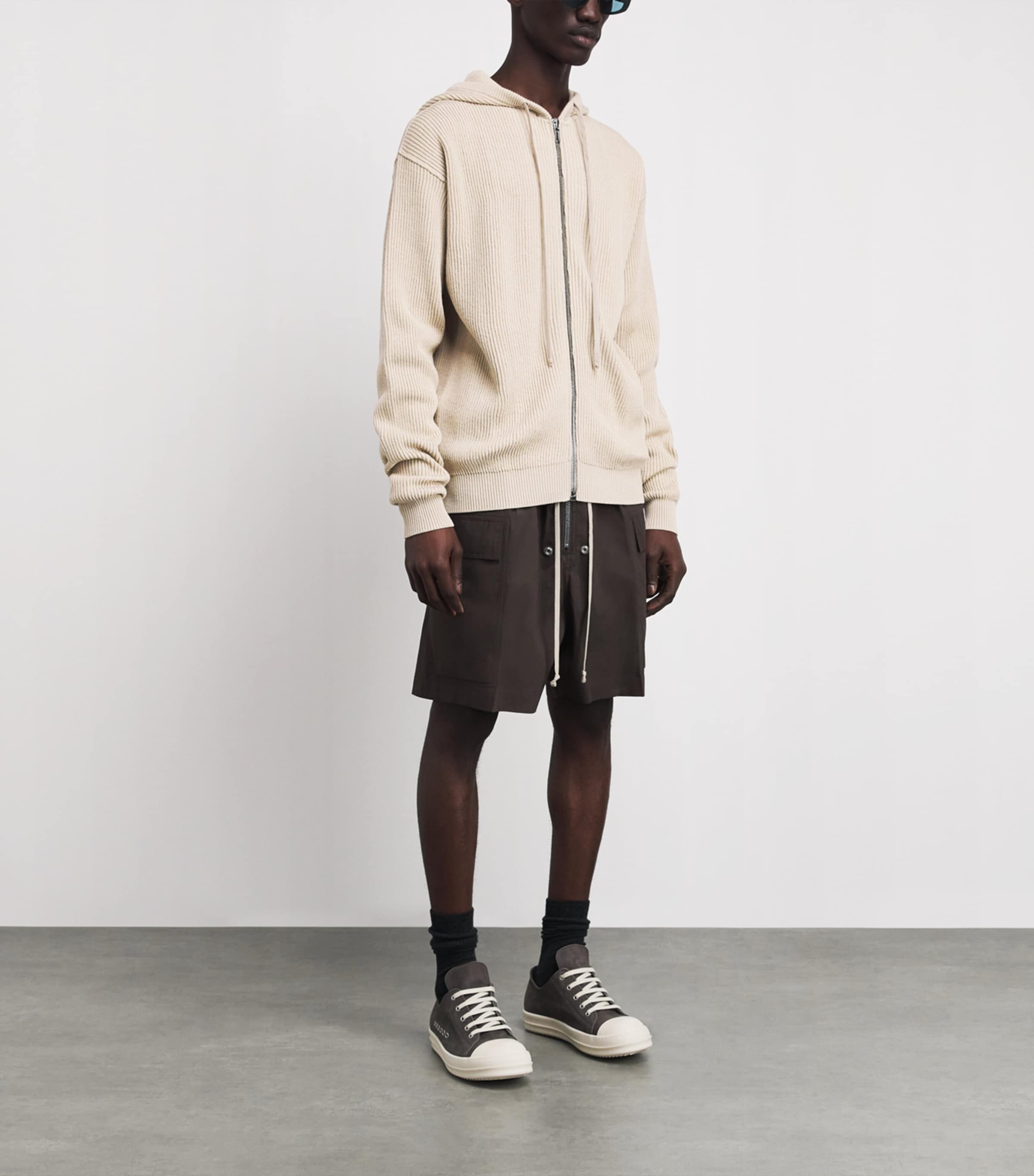 Rick Owens Mens Wool Ribbed Zip-Up Hoodie Sand/ Image 2