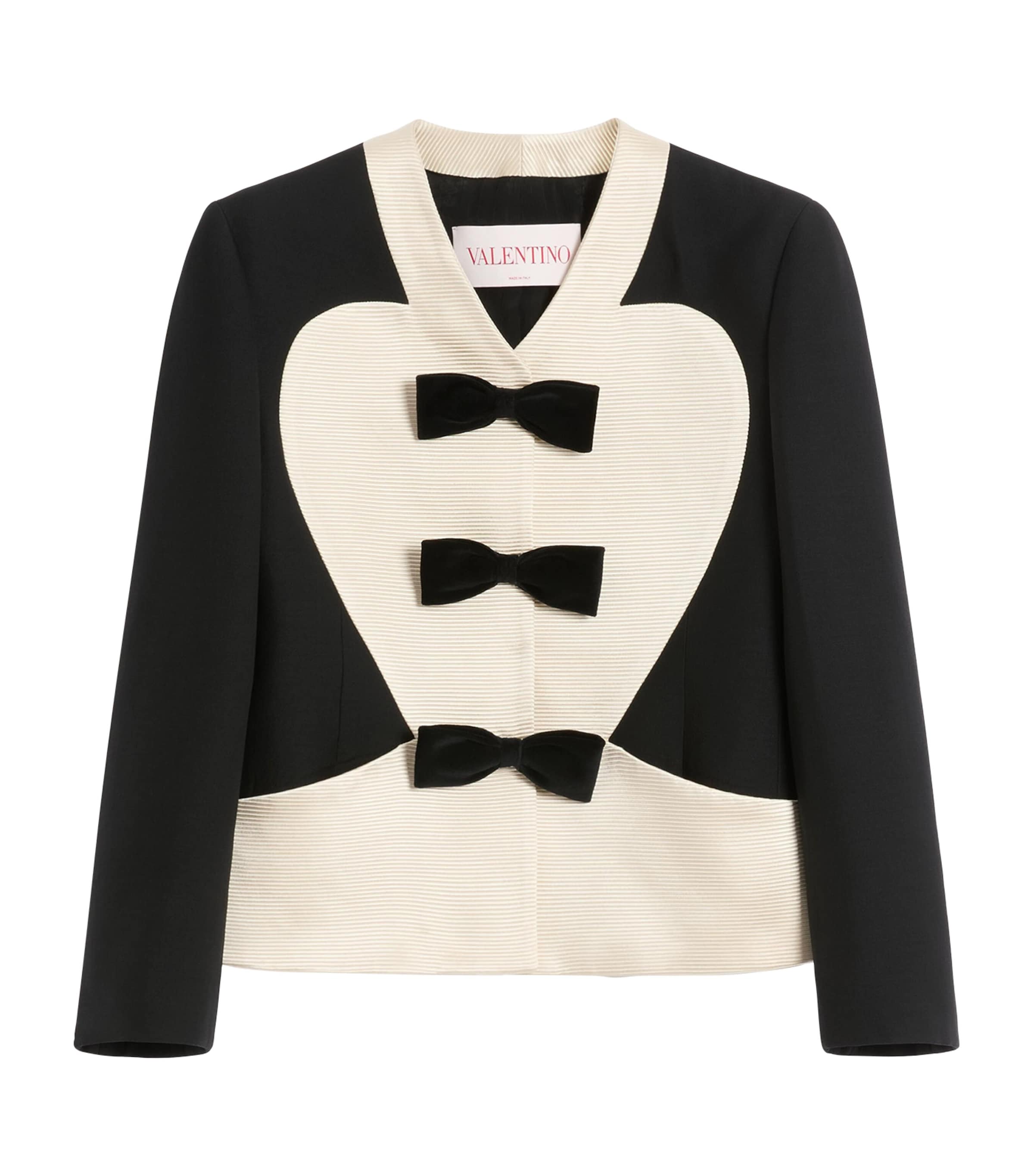 Valentino Bow-embellished Ribbed Cotton-blend And Wool And Silk-blend Crepe Jacket In Black