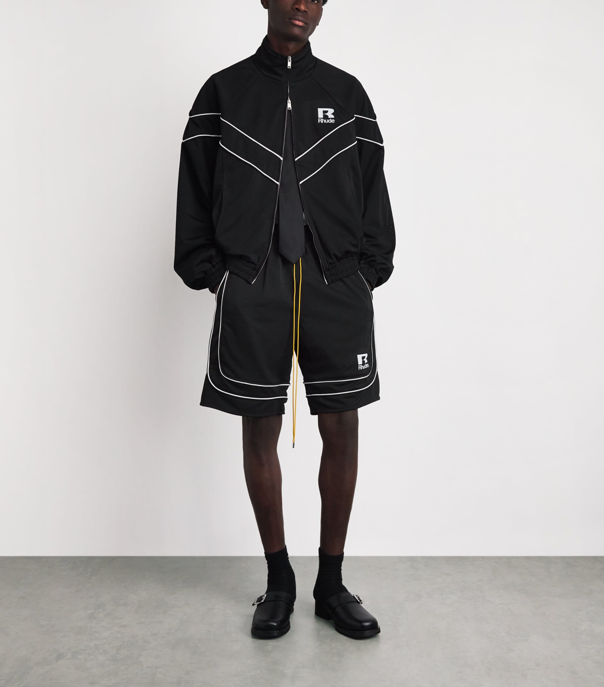 Rhude Mens Mesh Basketball Shorts Black / White Image 2