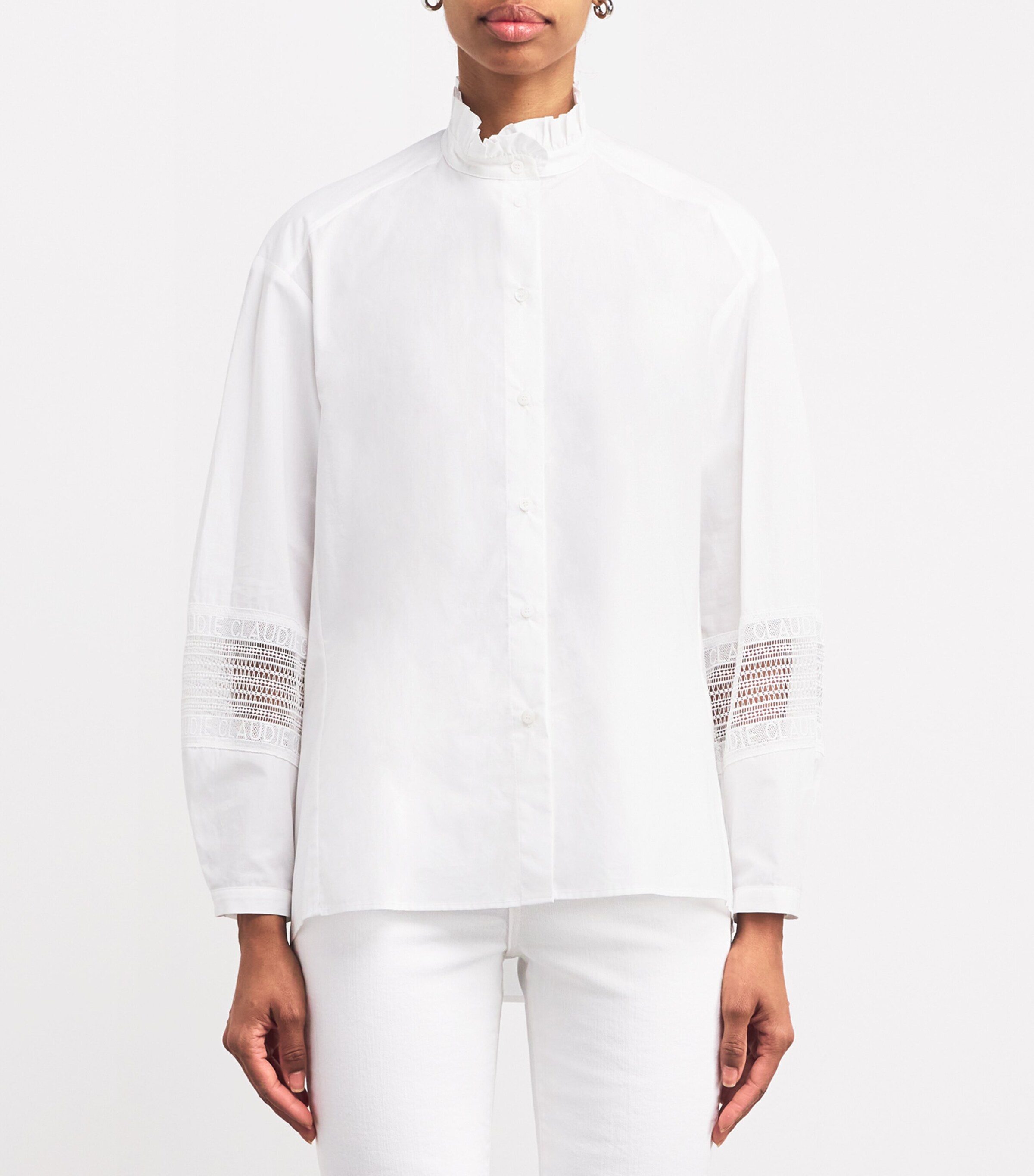 Claudie Pierlot Womens Cotton Broderie Anglaise-Trim Shirt White Image 3