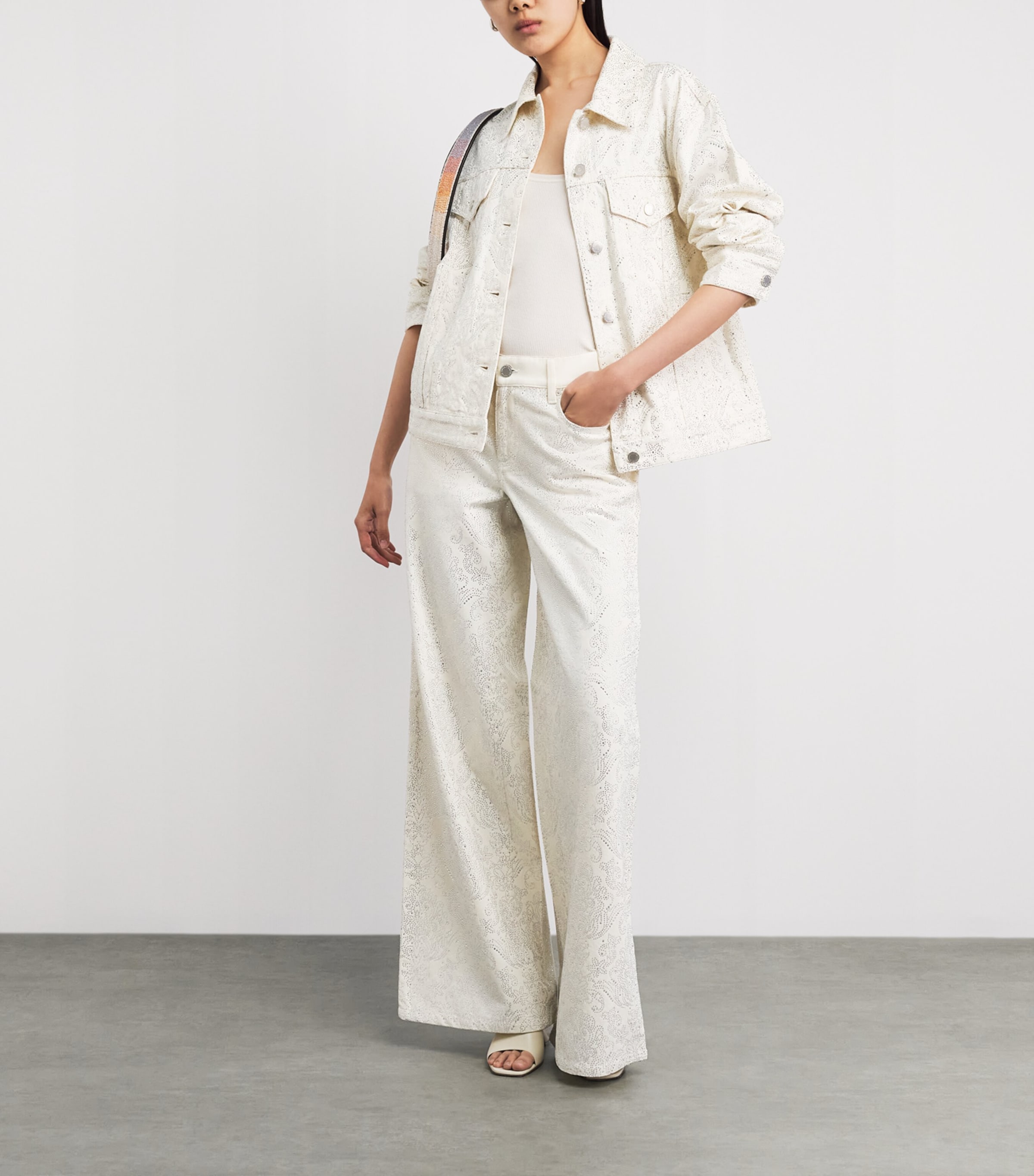Alice+Olivia Womens Embellished Jeff Denim Jacket Off White/multi Image 2