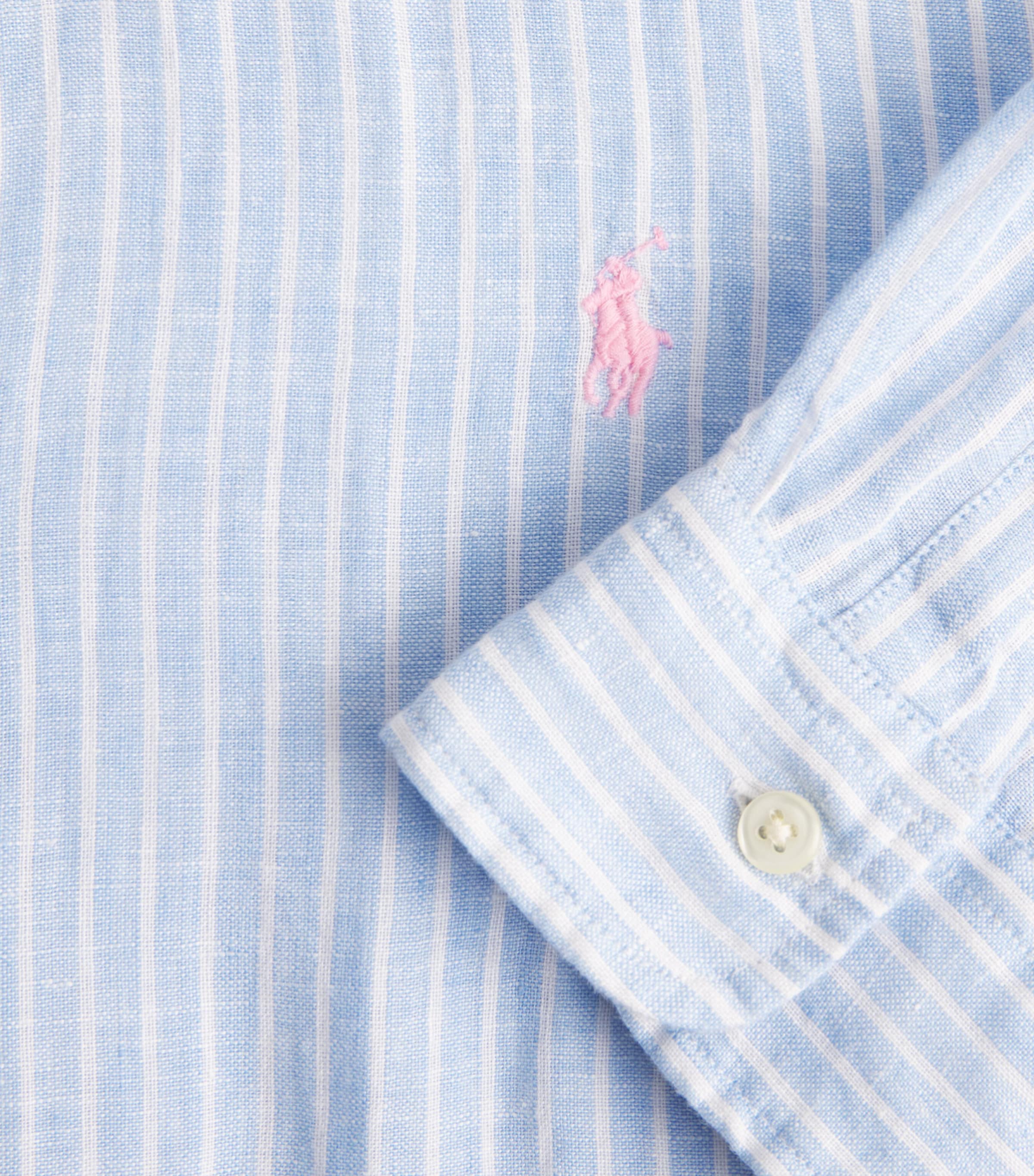 Polo Ralph Lauren Mens Linen Custom-Fit Stripe Shirt Blue White Image 6