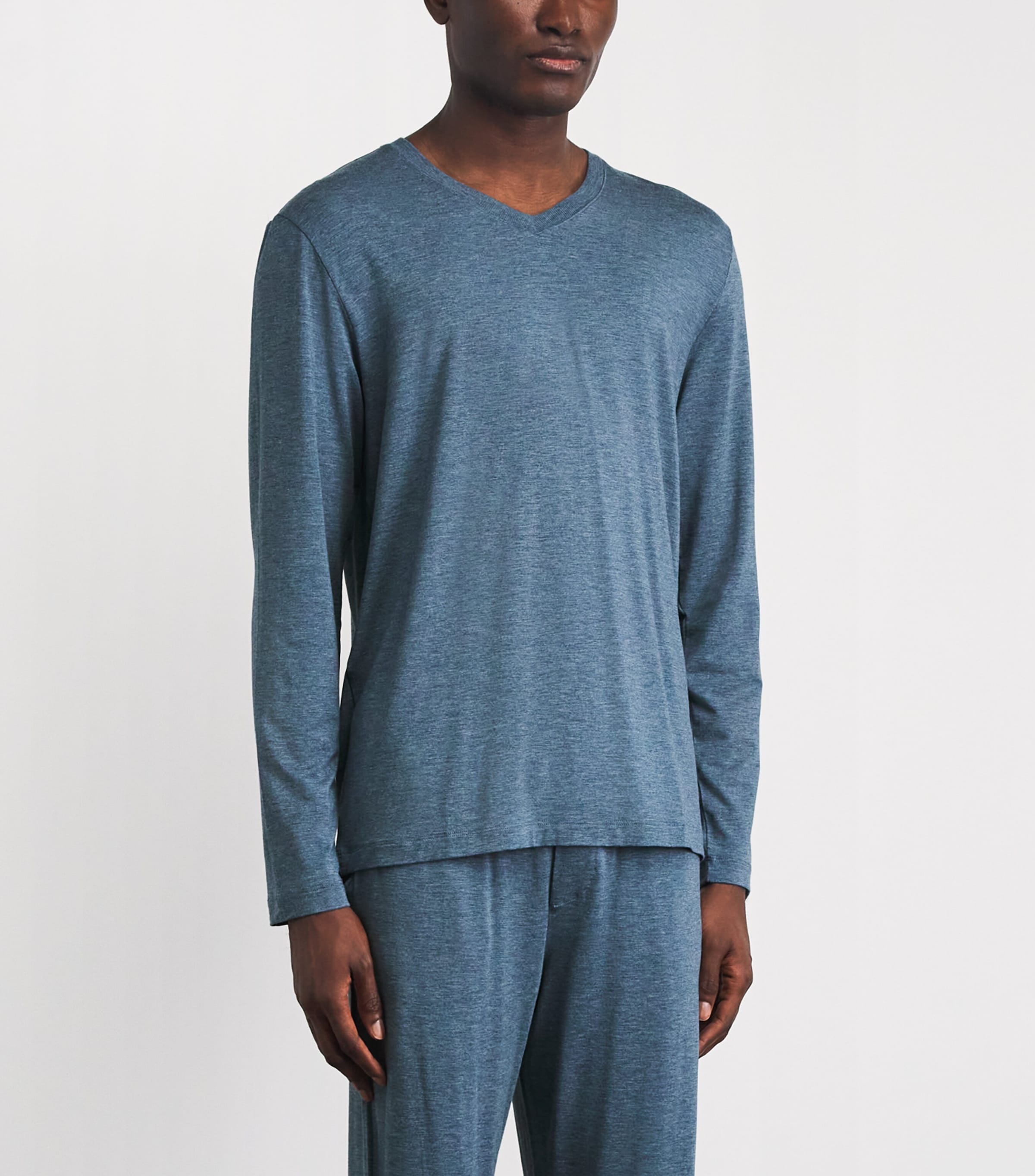 Hanro Mens V-Neck Casuals Long-Sleeve T-Shirt Retro Blue Melg Image 4
