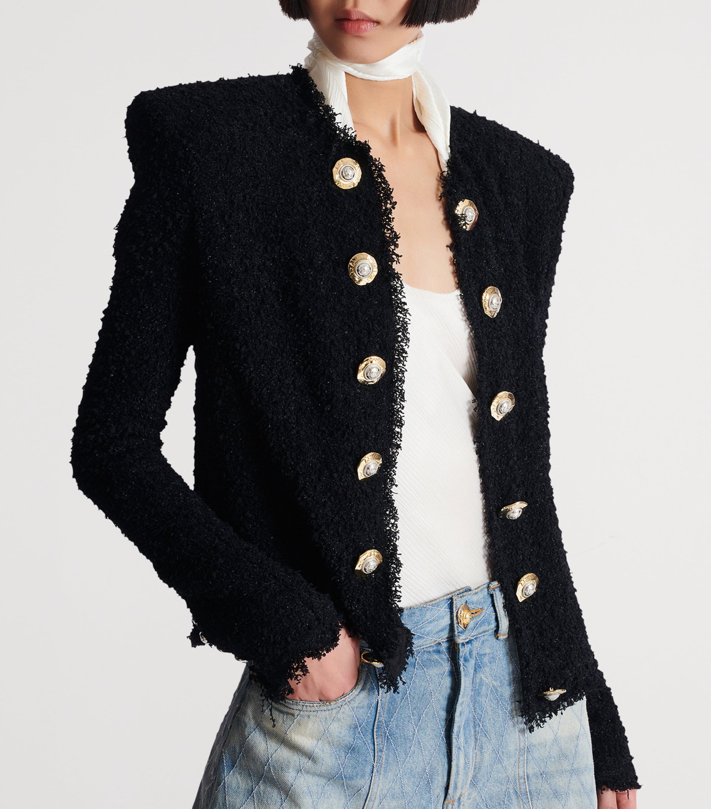 【関税＆送料込み】Balmain Buttoned Maze Tweed Jacket Cloth Balmain Buttoned Maze Tweed Jacket In Black | ModeSens