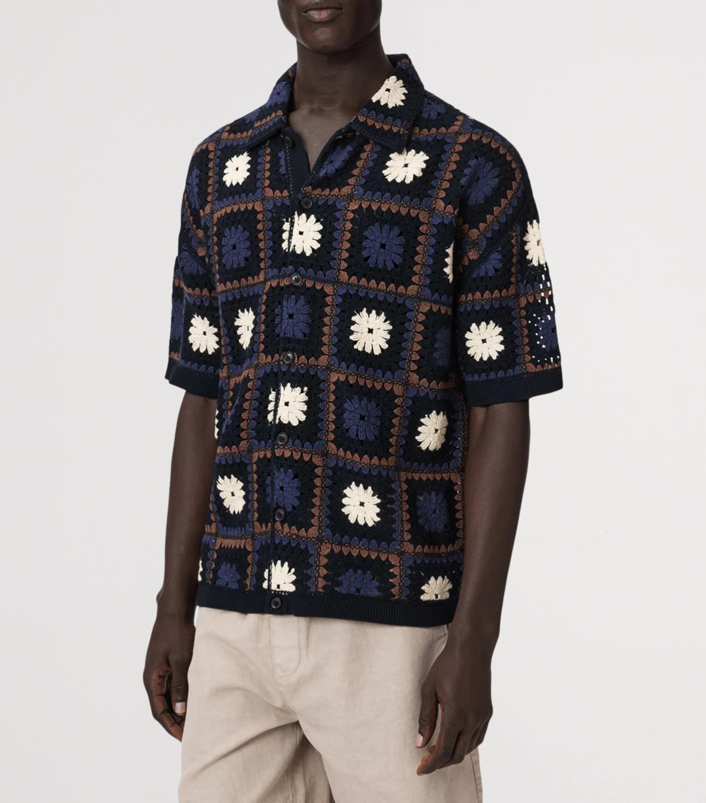 AllSaints Mens Organic Cotton Crochet Short-Sleeve Shirt Moonstone Blue Image 3