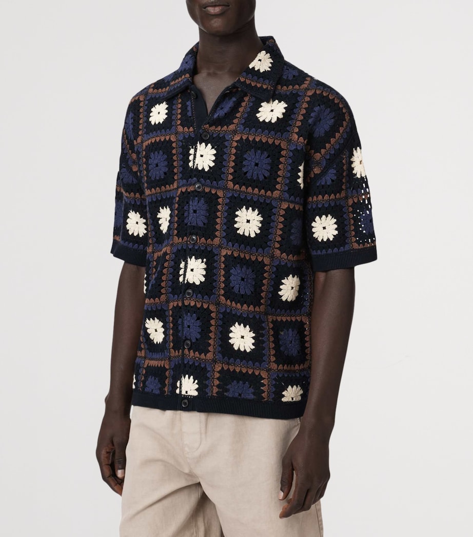AllSaints Mens Organic Cotton Crochet Short-Sleeve Shirt Moonstone Blue Image 3