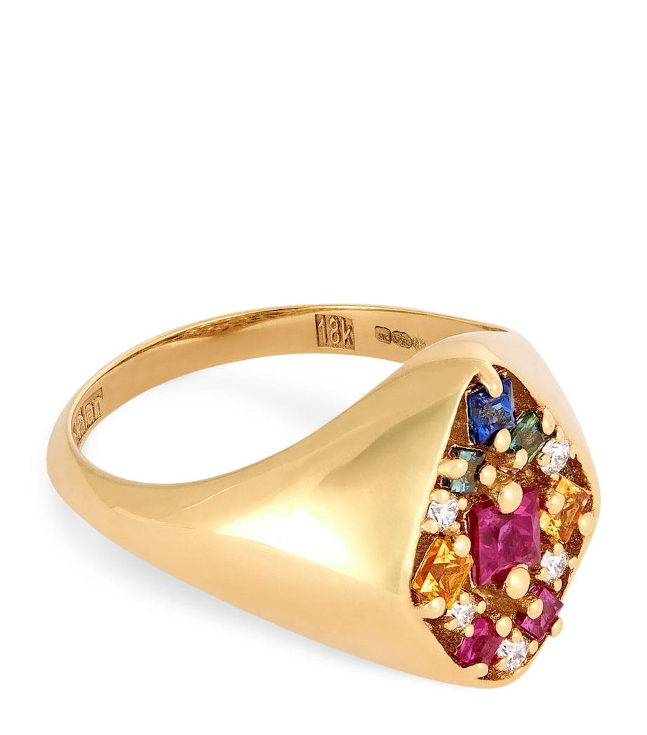 Yellow Gold, Diamond and Rainbow Sapphire La Fantaisie Signet Ring (Size 5) 18K YG/RS Image 1