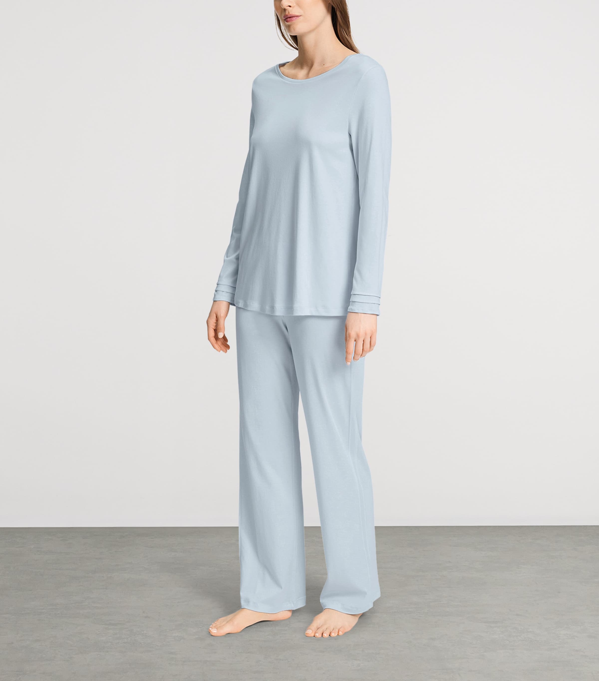 Hanro Womens Cotton Long-Sleeve Pyjama Set Pastel Sky Image 2