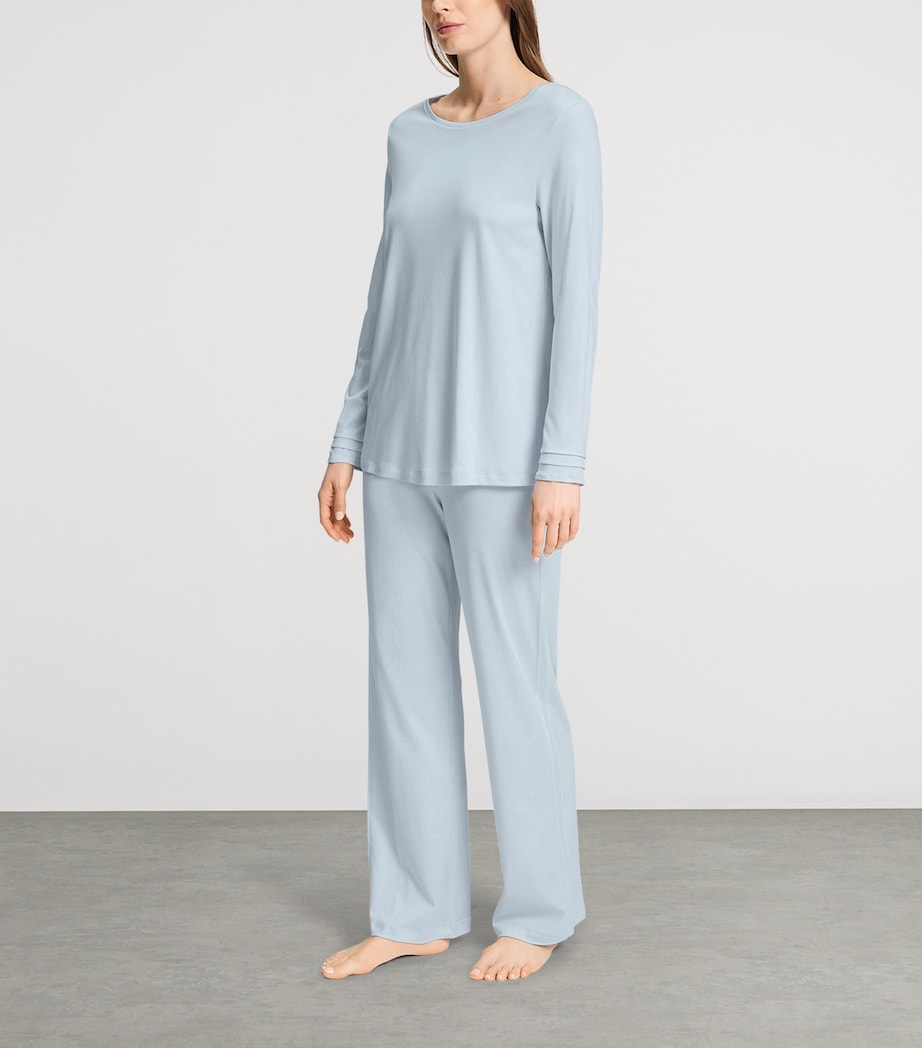Hanro Womens Cotton Long-Sleeve Pyjama Set Pastel Sky Image 2