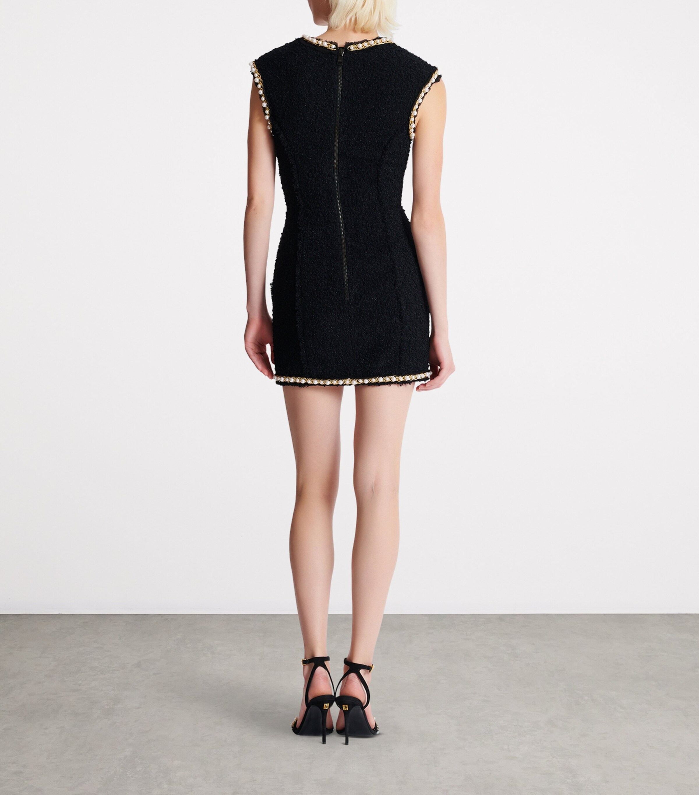 Balmain Womens Tweed Embellished Mini Dress Eel Black Image 3