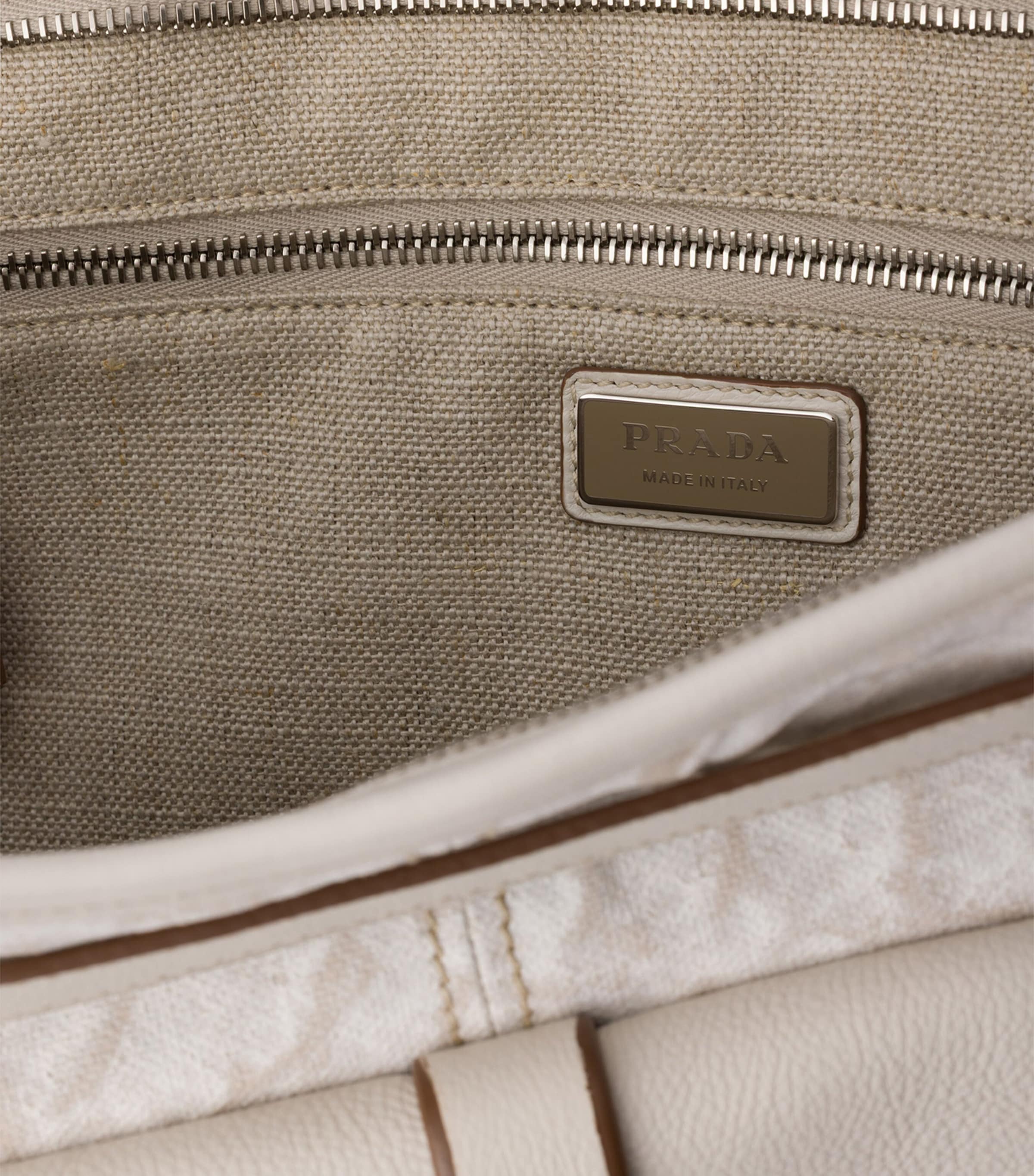 Prada Printed Linen and Leather Bonnie Tote Bag White Image 5