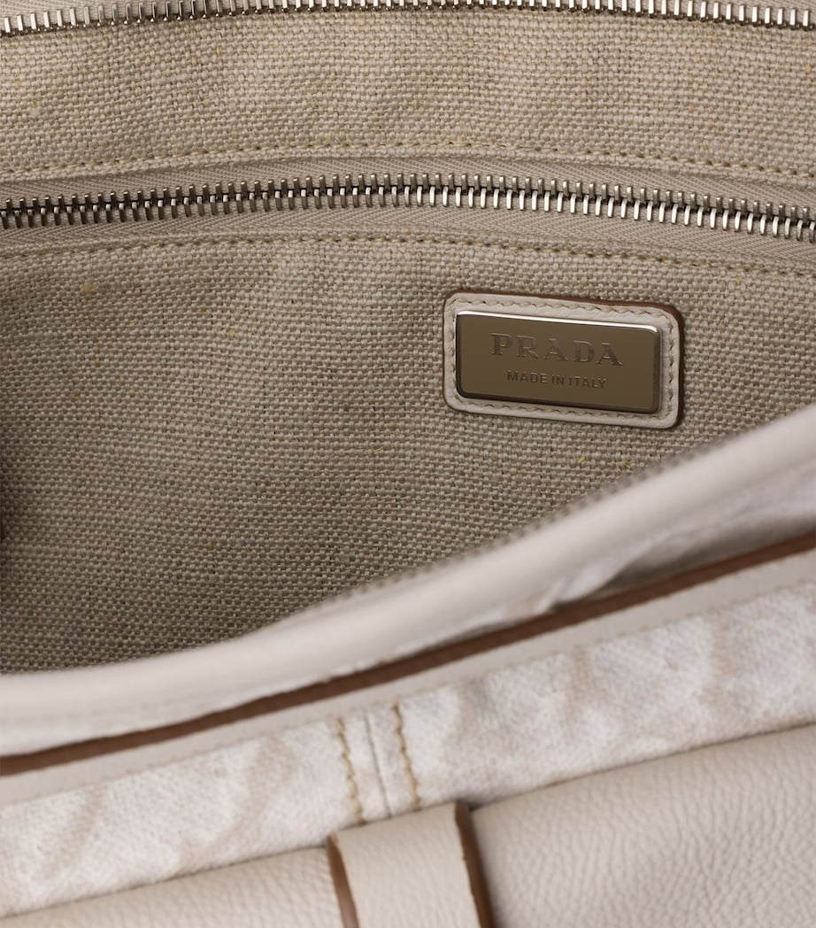 Prada Printed Linen and Leather Bonnie Tote Bag White Image 5