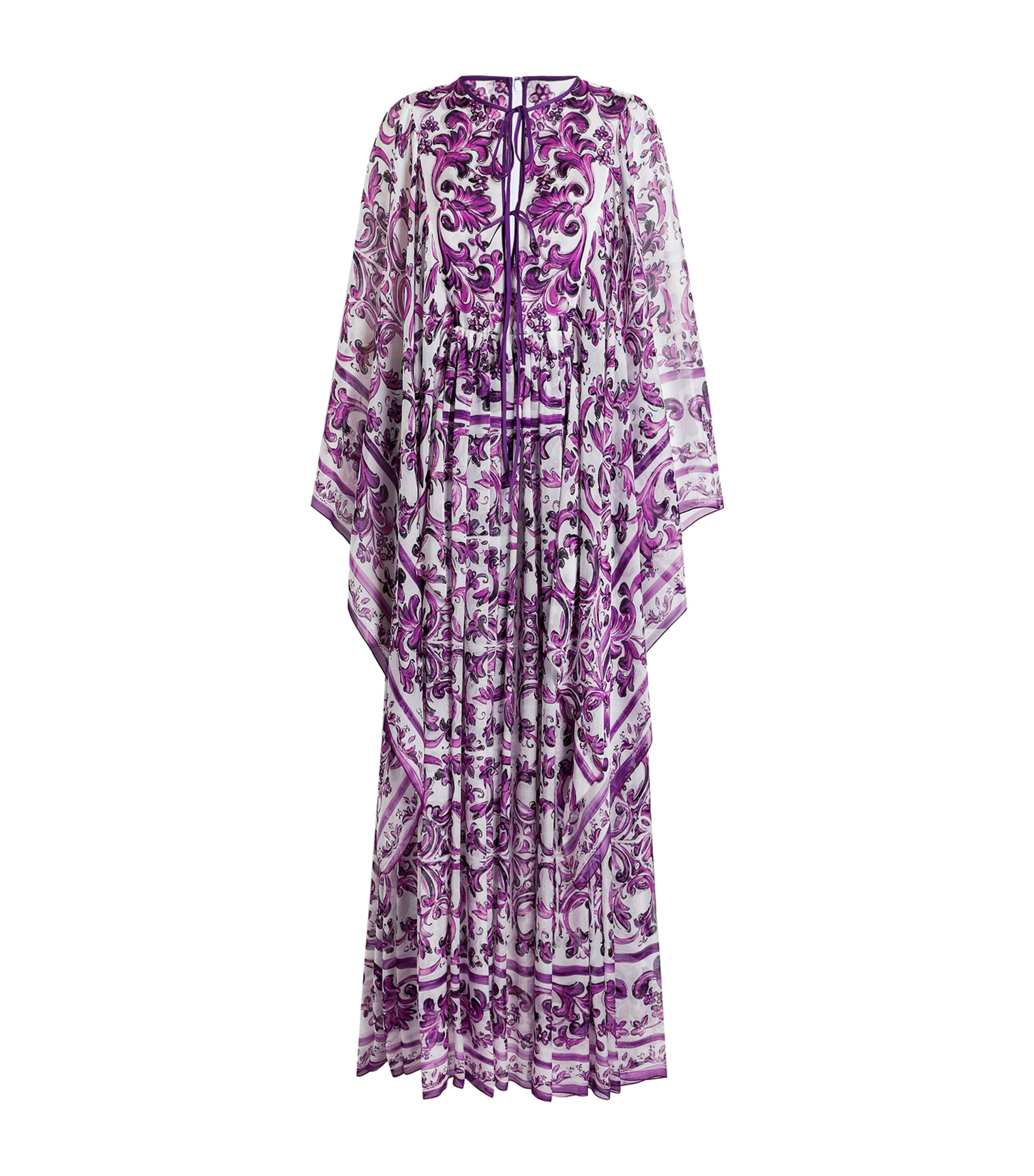 Dolce & Gabbana Silk Majolica Print Kaftan Dress In Purple
