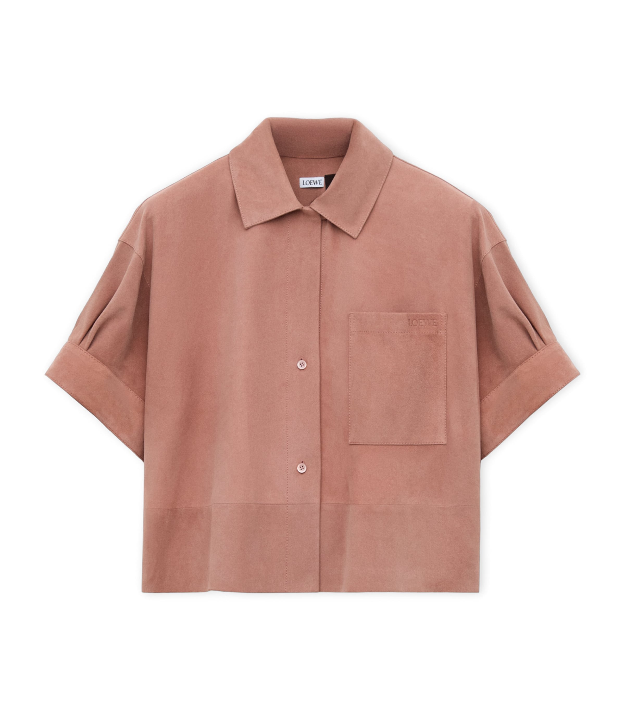 LOEWE Womens x Paula's Ibiza Suede Logo Short-Sleeve Shirt Light Pink Image 1