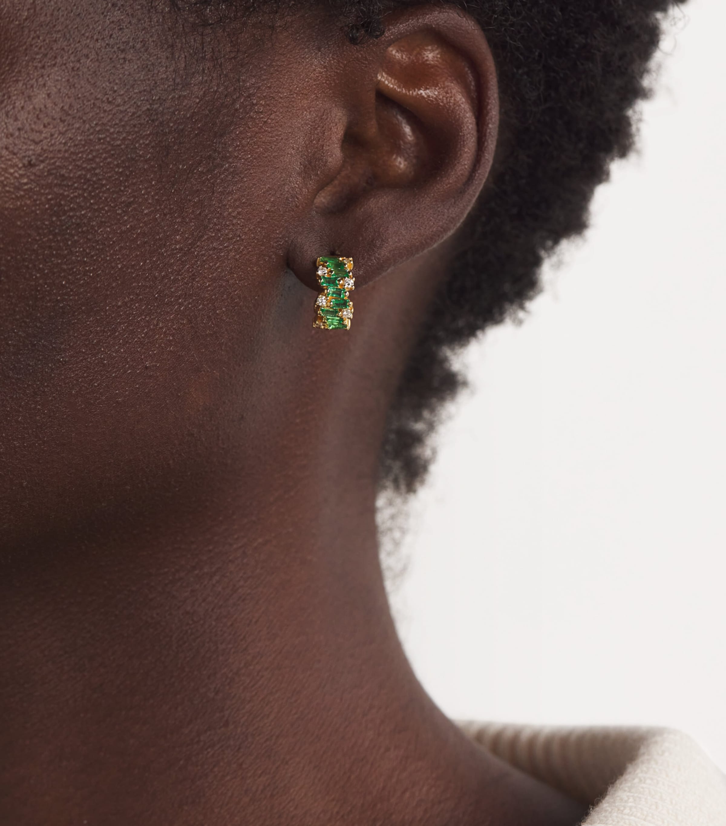 Yellow Gold, Emerald and Diamond Shimmer Hoop Earrings 18K YG/EMER Image 2