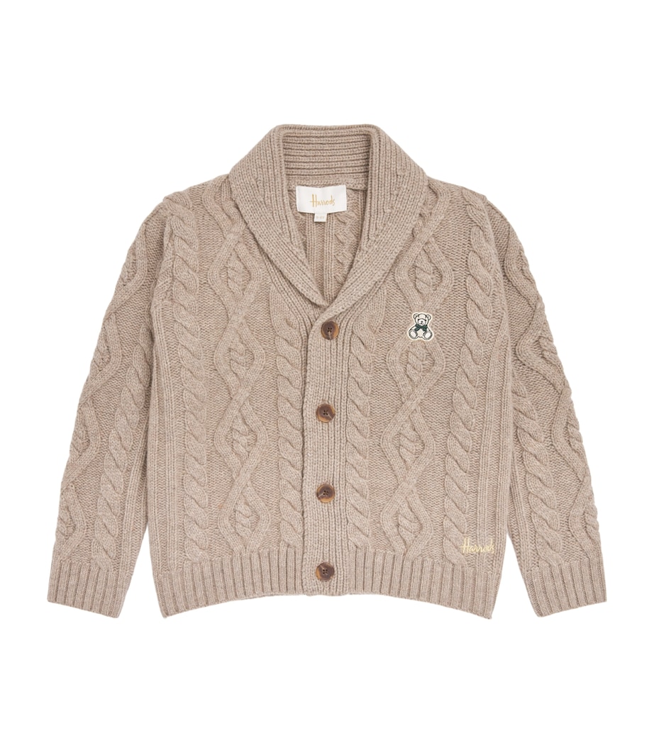 Harrods Wool Cable-Knit Polo Bear Cardigan (2-8 Years) Oatmeal Image 1