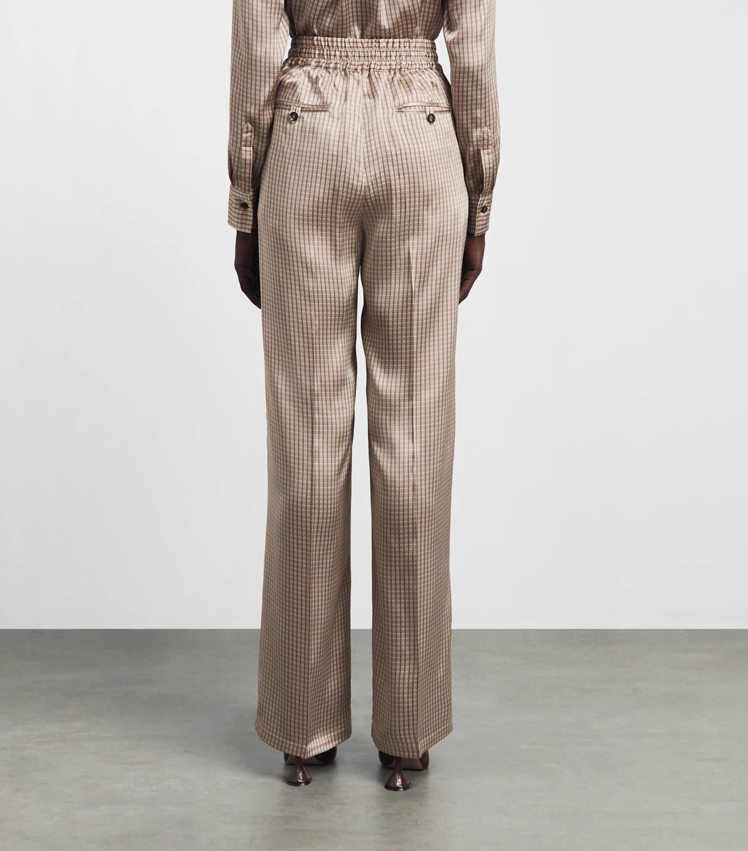Kiton Womens Silk Printed Pleated Drawstring Trousers Light Brown Print Image 5