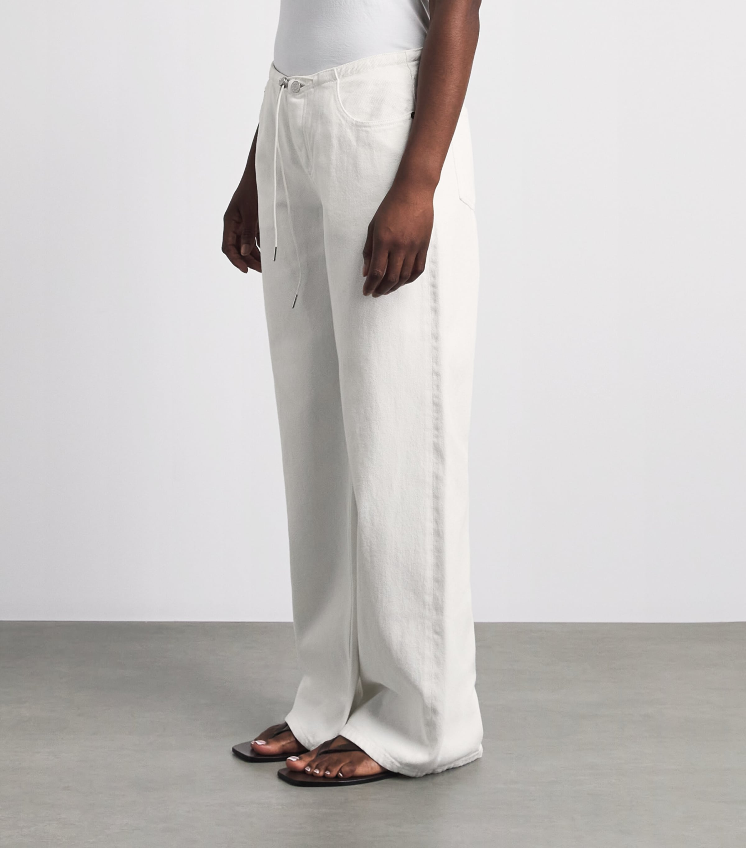 STILL HERE Womens Drawstring Sport Mid-Rise Wide-Leg Jeans Milk Image 4