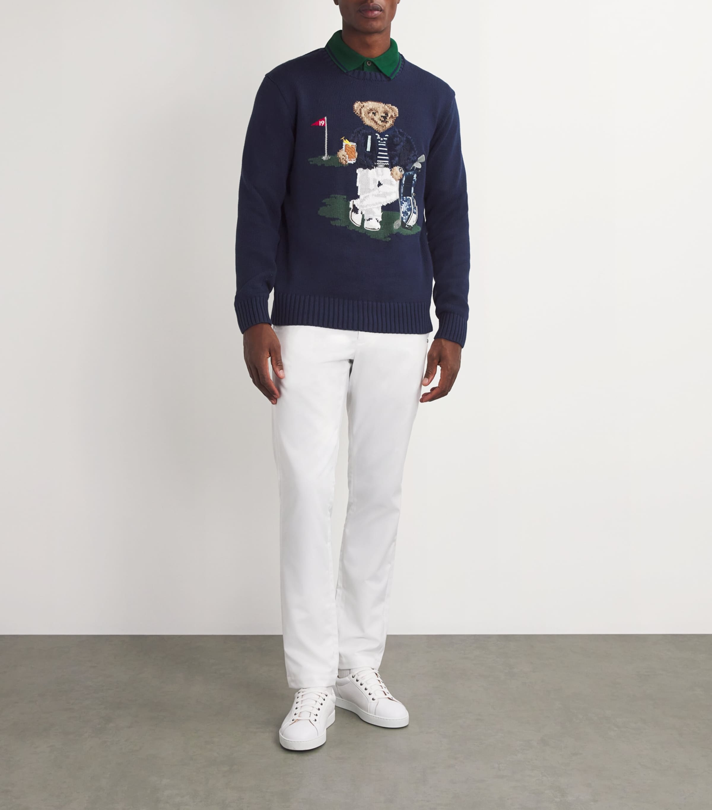 RLX Ralph Lauren Navy Cotton-COOLMAX Golf Bear Sweater | Harrods UK