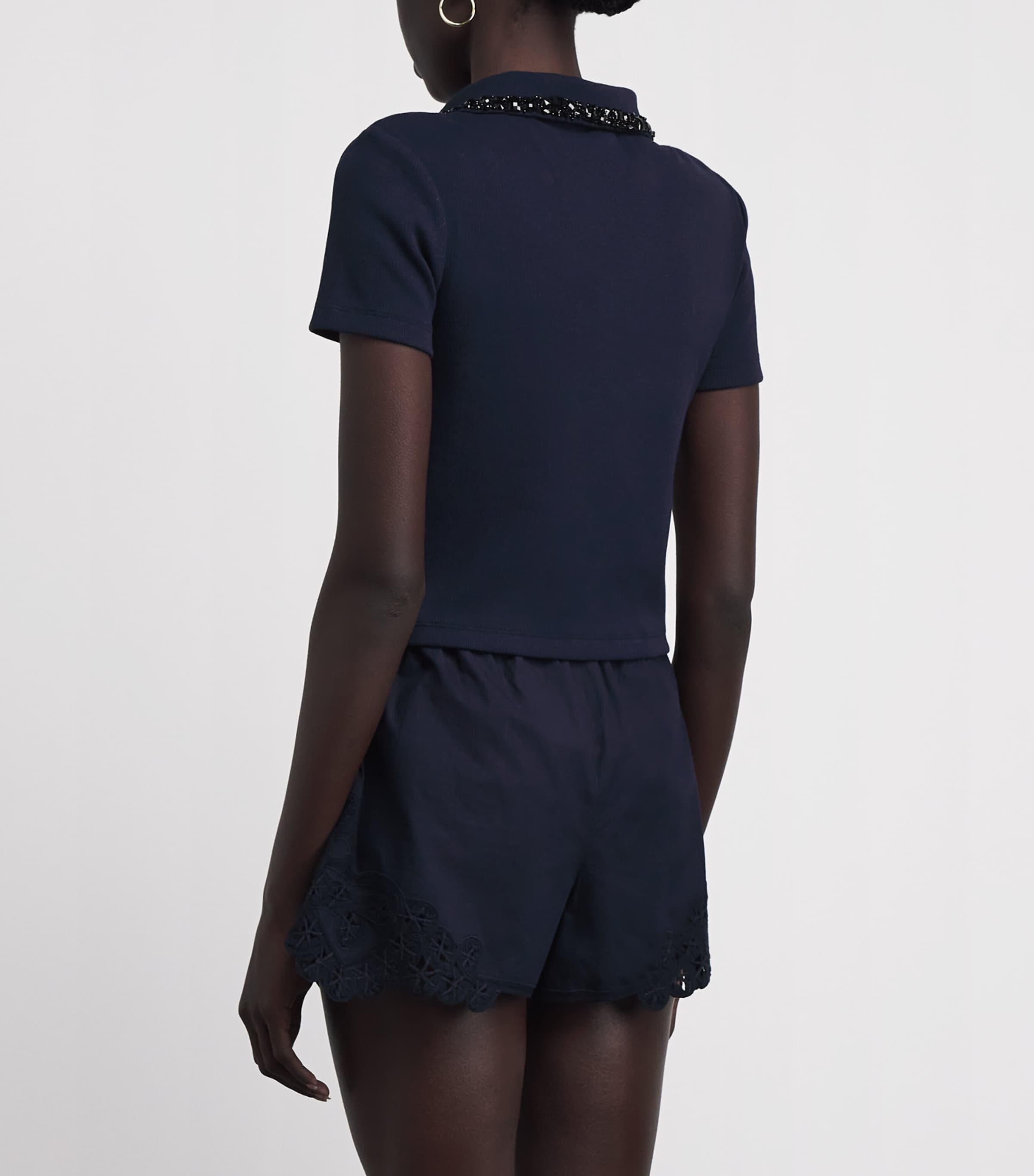 Sandro Paris Womens Stretch-Cotton Embellished Polo Top Navy Blue Image 5