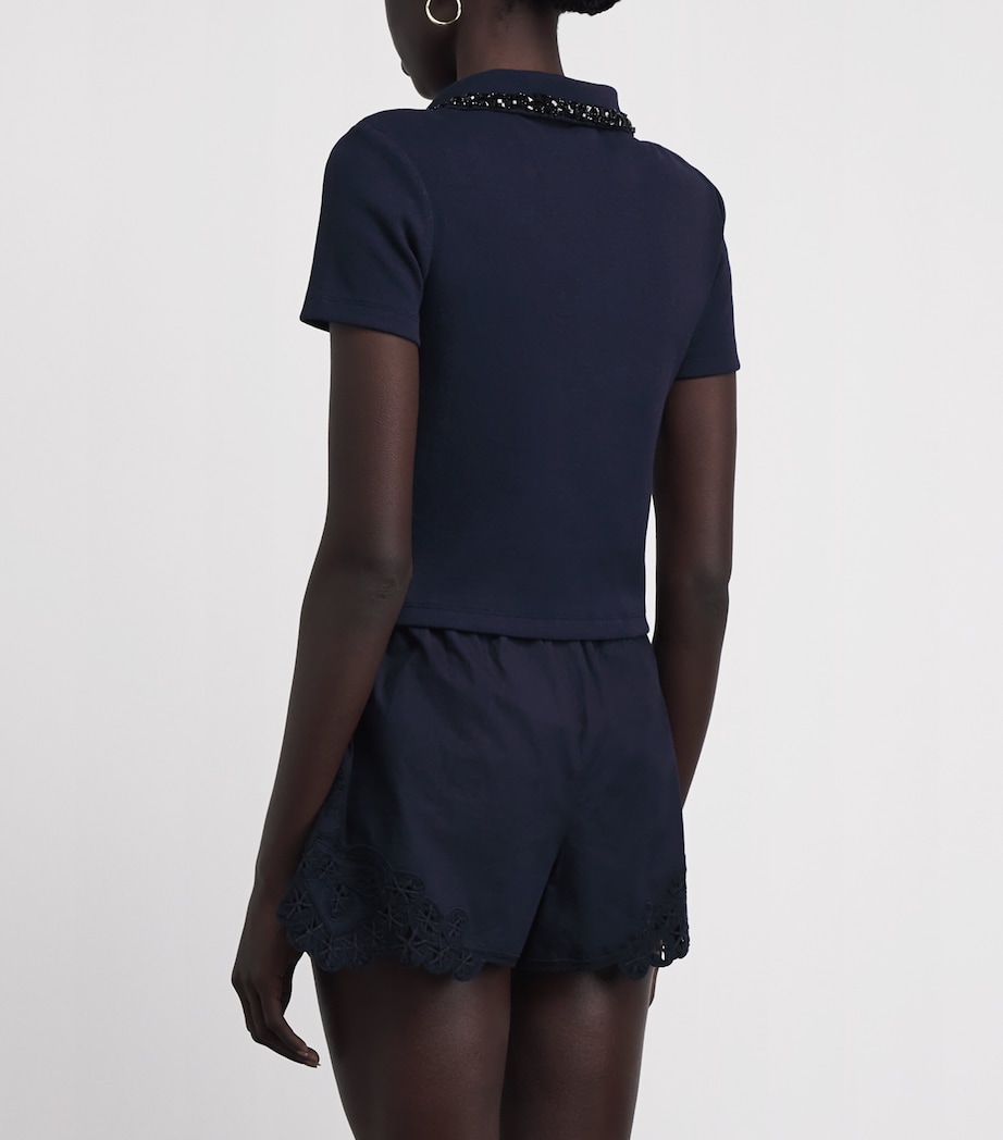 Sandro Paris Womens Stretch-Cotton Embellished Polo Top Navy Blue Image 5