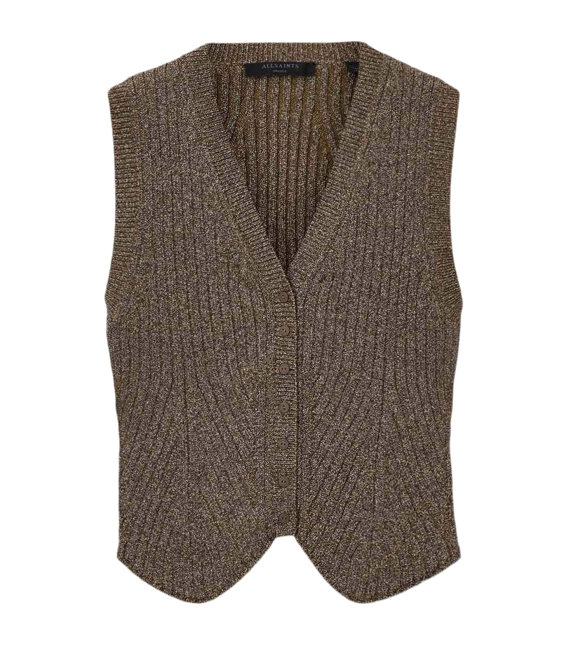 Allsaints Metallic-trim Cruz Sweater Vest In Brown