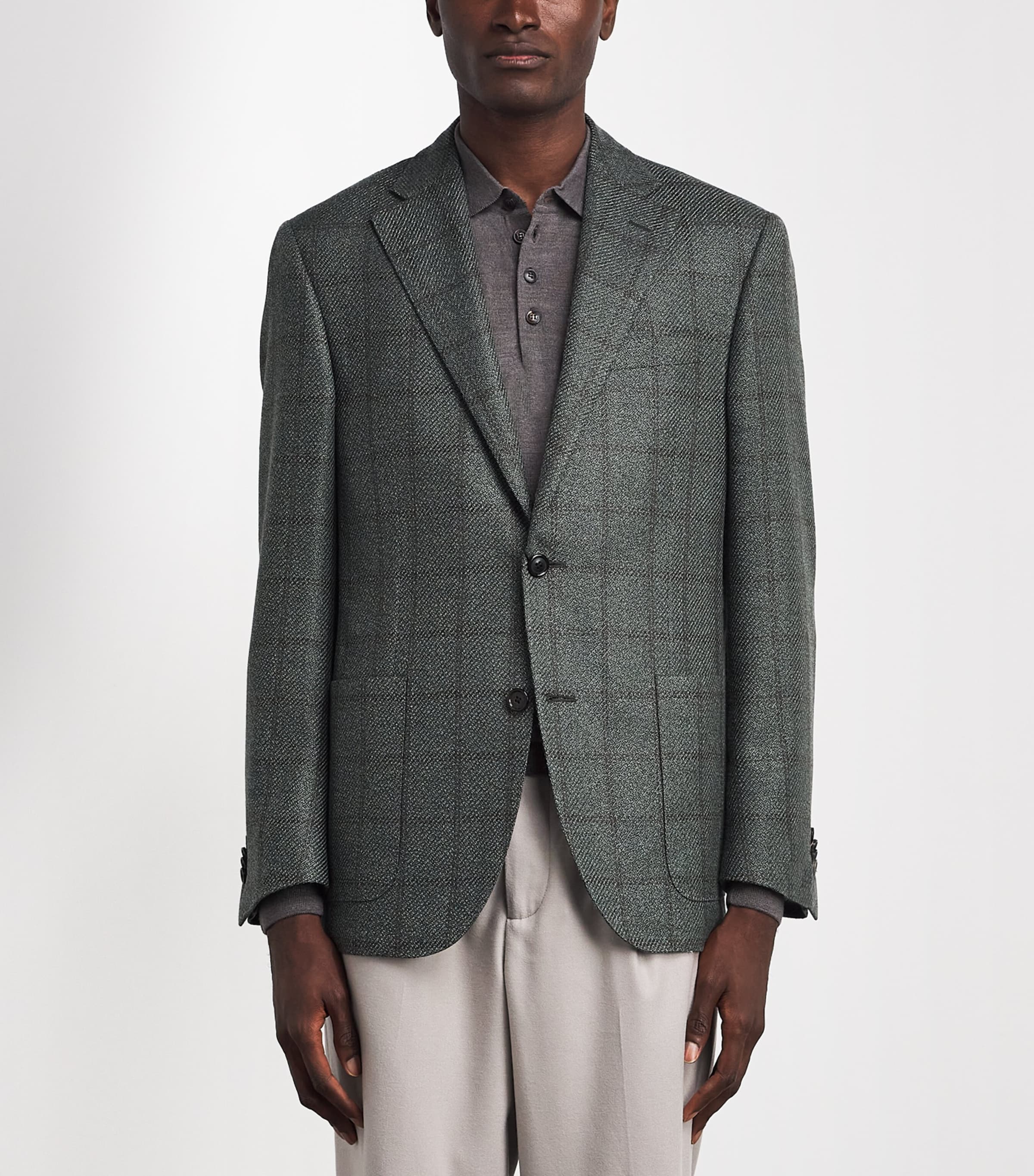Corneliani Mens Virgin Wool-Silk-Cashmere Check Blazer Green Coloured Image 4