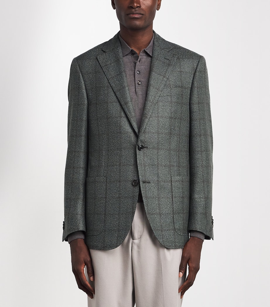 Corneliani Mens Virgin Wool-Silk-Cashmere Check Blazer Green Coloured Image 4