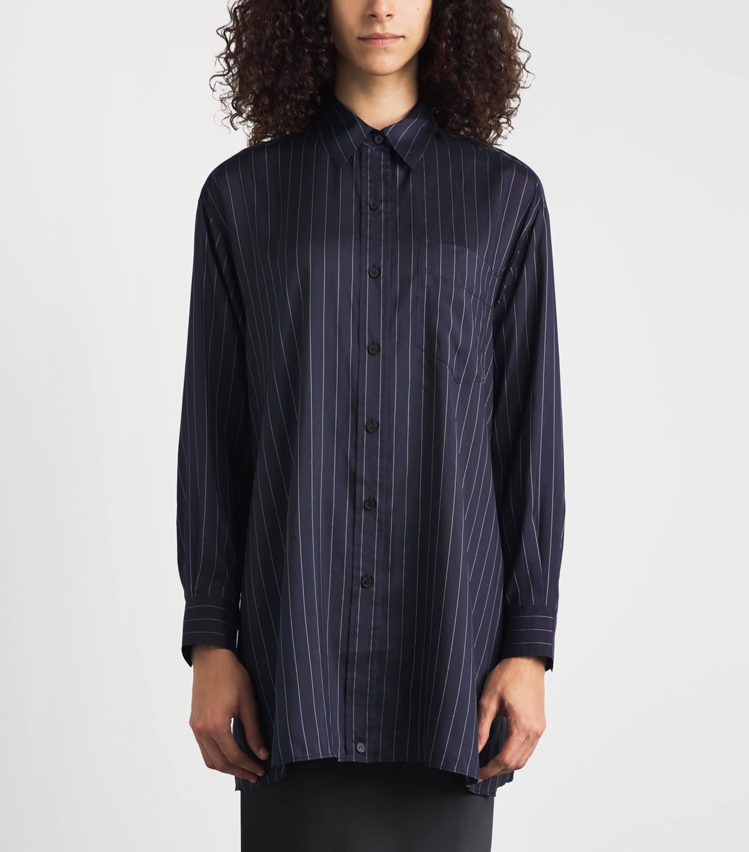 Lafayette 148 Womens Silk-Blend Pinstripe Shirt Ink Multi Image 4