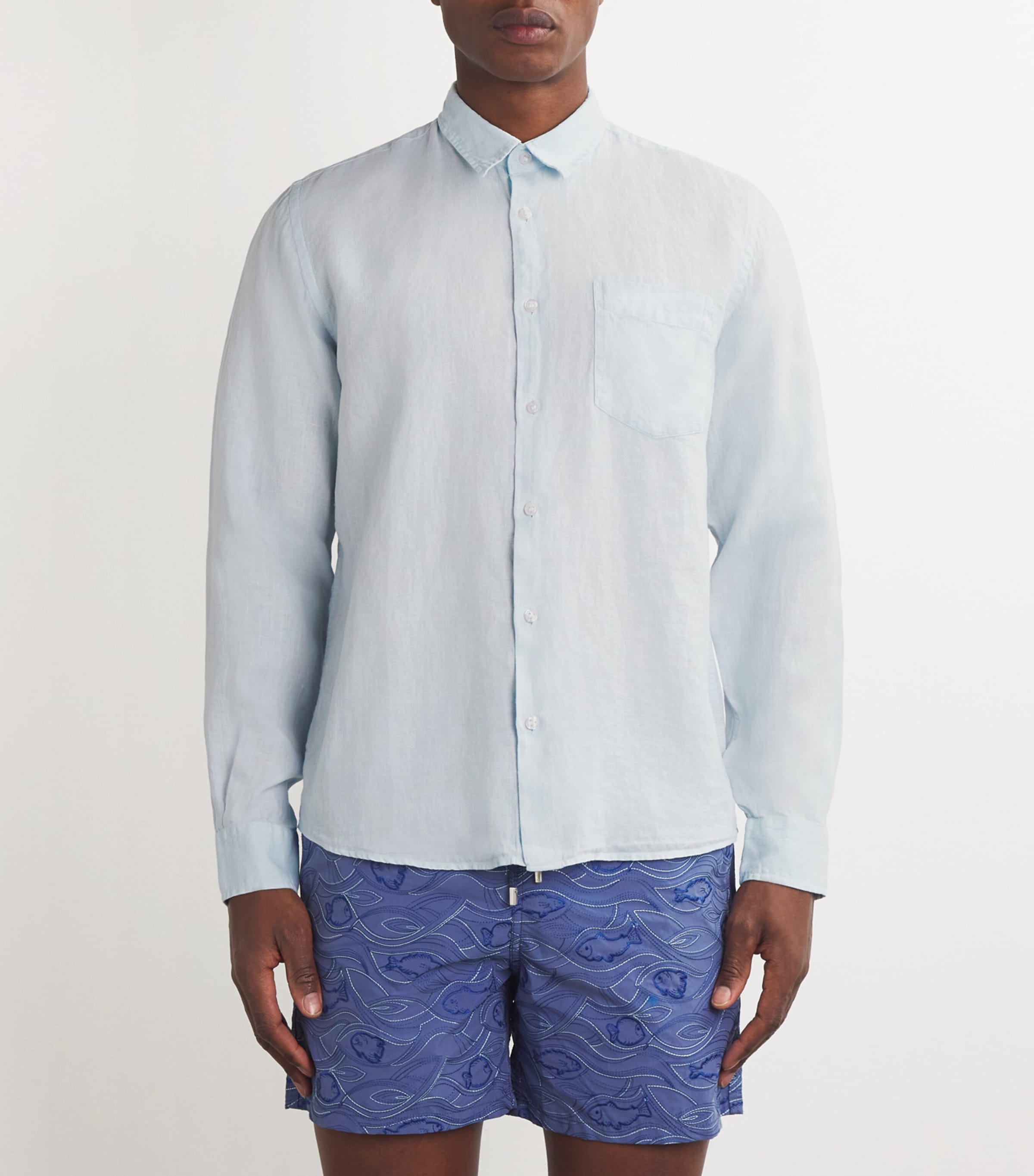 Vilebrequin Mens Linen Embroidered Caroubis Shirt Sky Blue Image 3