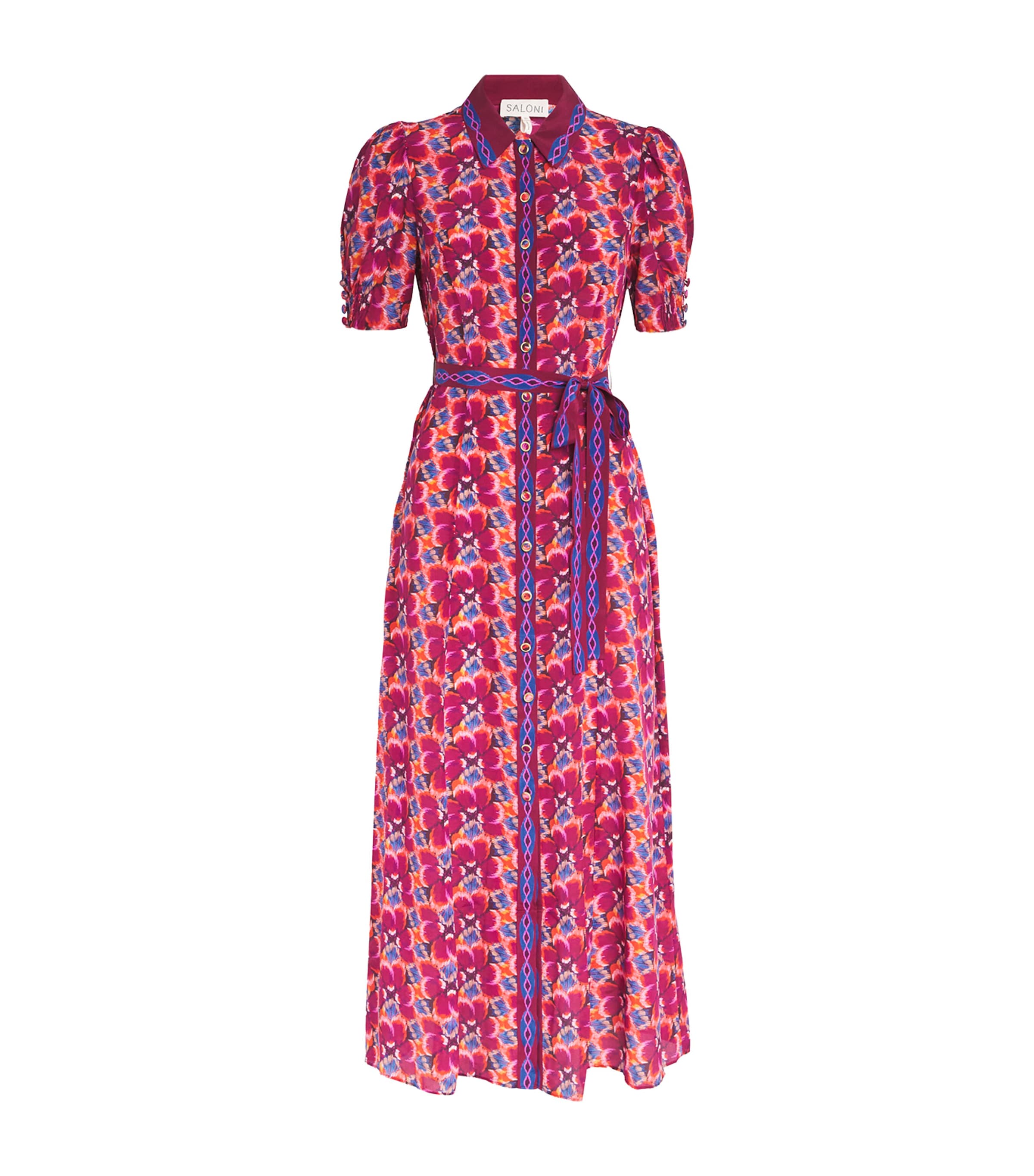 Saloni Vanessa-d Belted Printed Silk Midi Shirt Dress In Pink