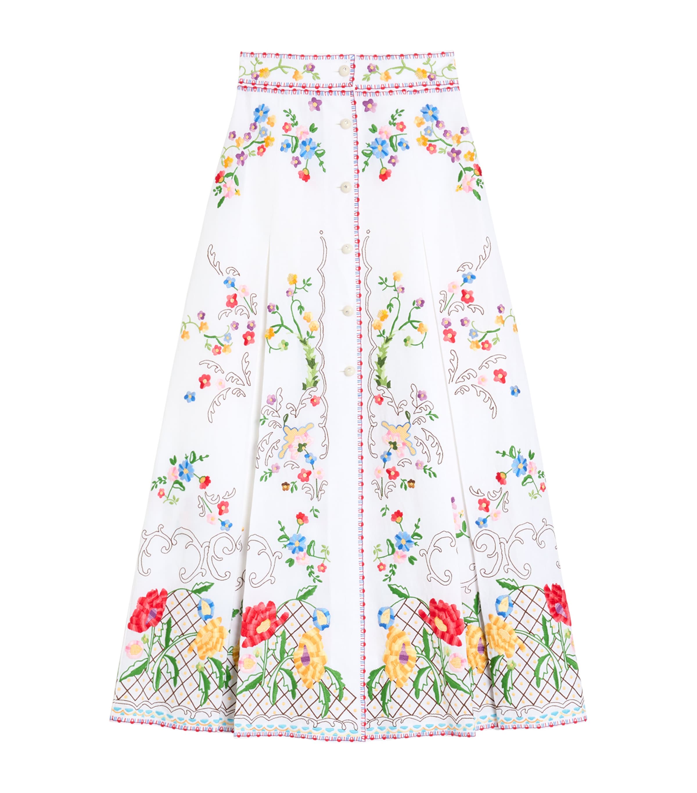 Valentino Pleated Embroidered Cotton, Linen And Silk-blend Midi Skirt